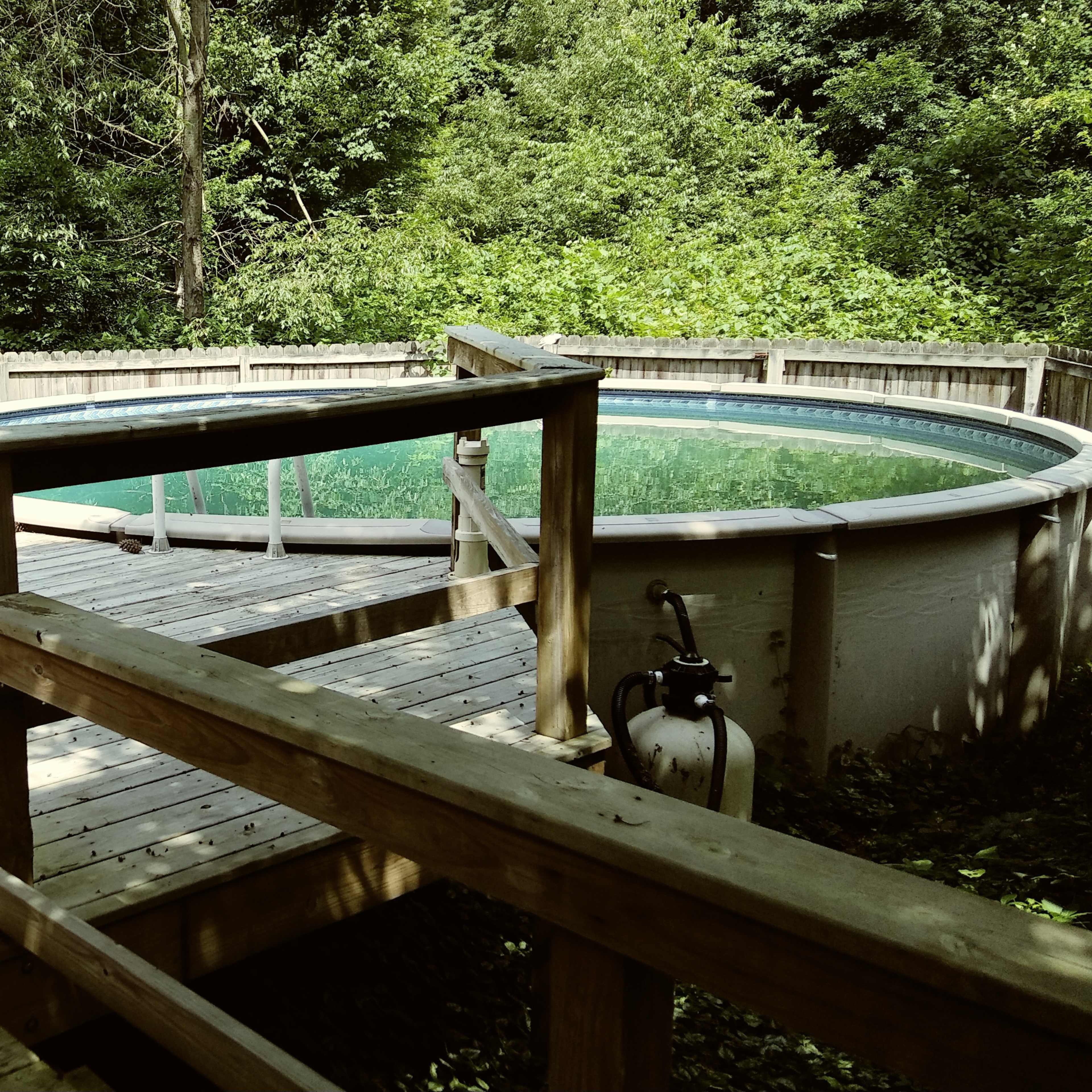 A wooden deck leading to a round above-ground pool surrounded by greenery.