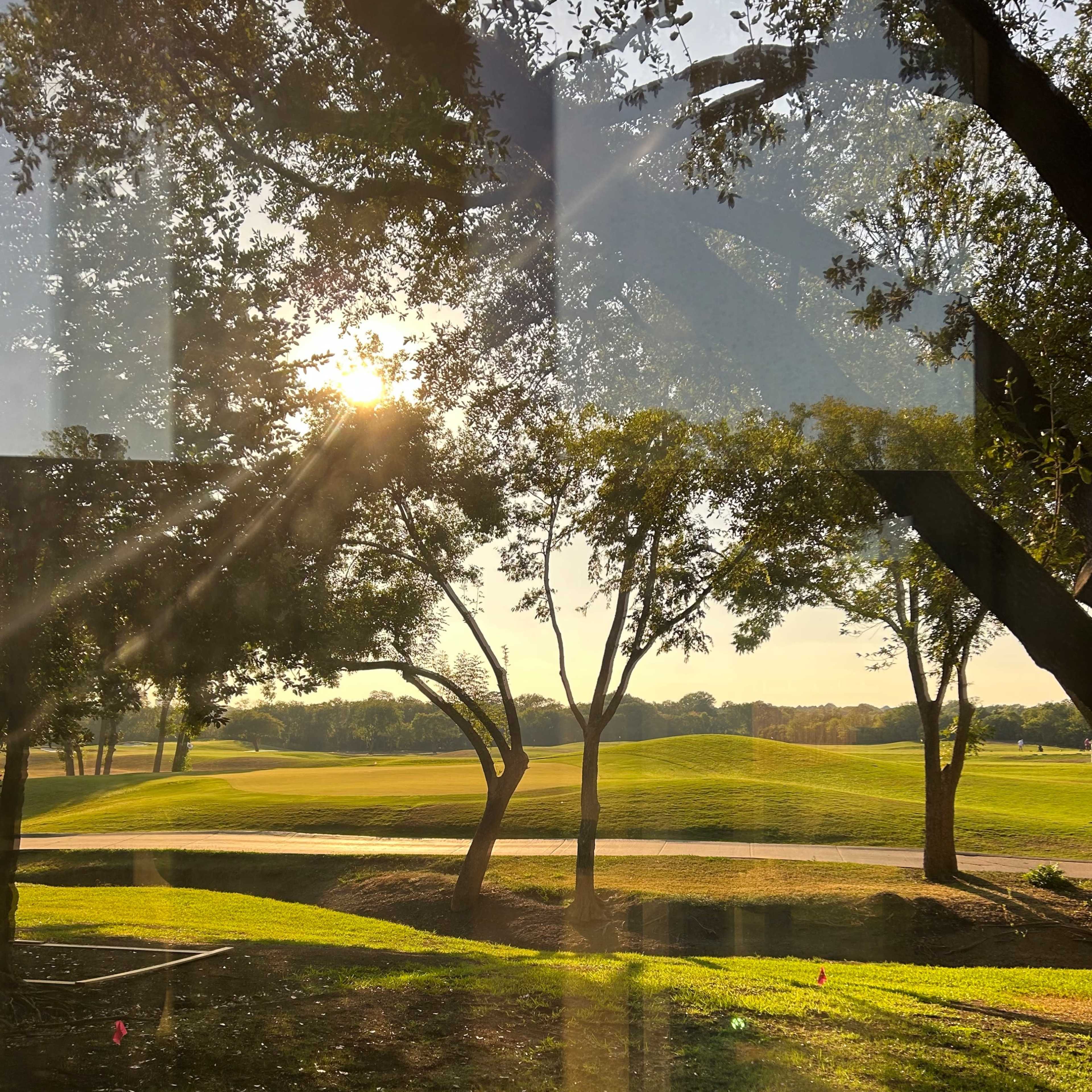 A sunlit golf course framed by trees, with colorful markers on the ground.