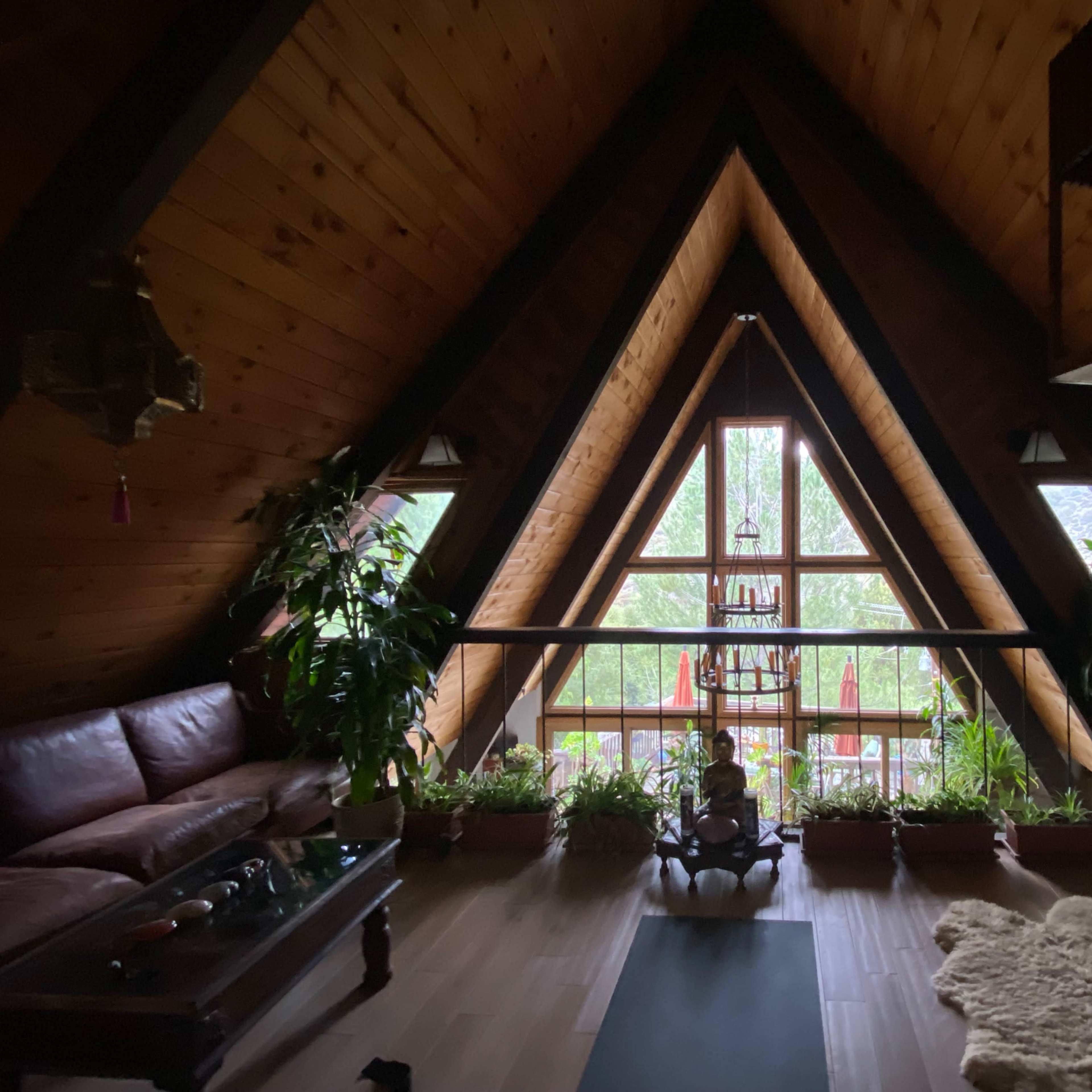 A cozy attic space with wooden walls, a triangular window view filled with greenery, and a seating area featuring a brown couch and indoor plants.