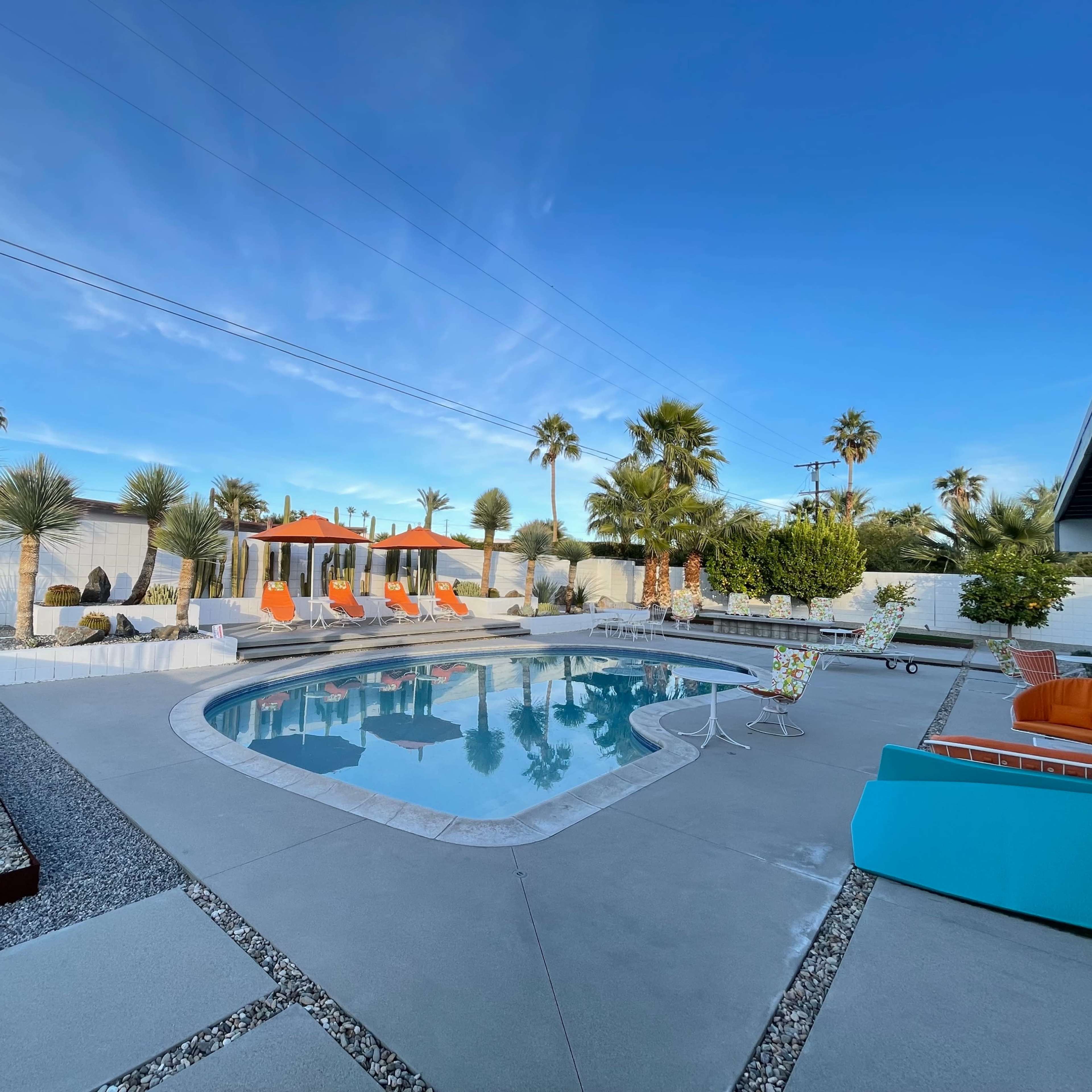 A rectangular pool surrounded by modern lounge chairs and palm trees under a clear blue sky.