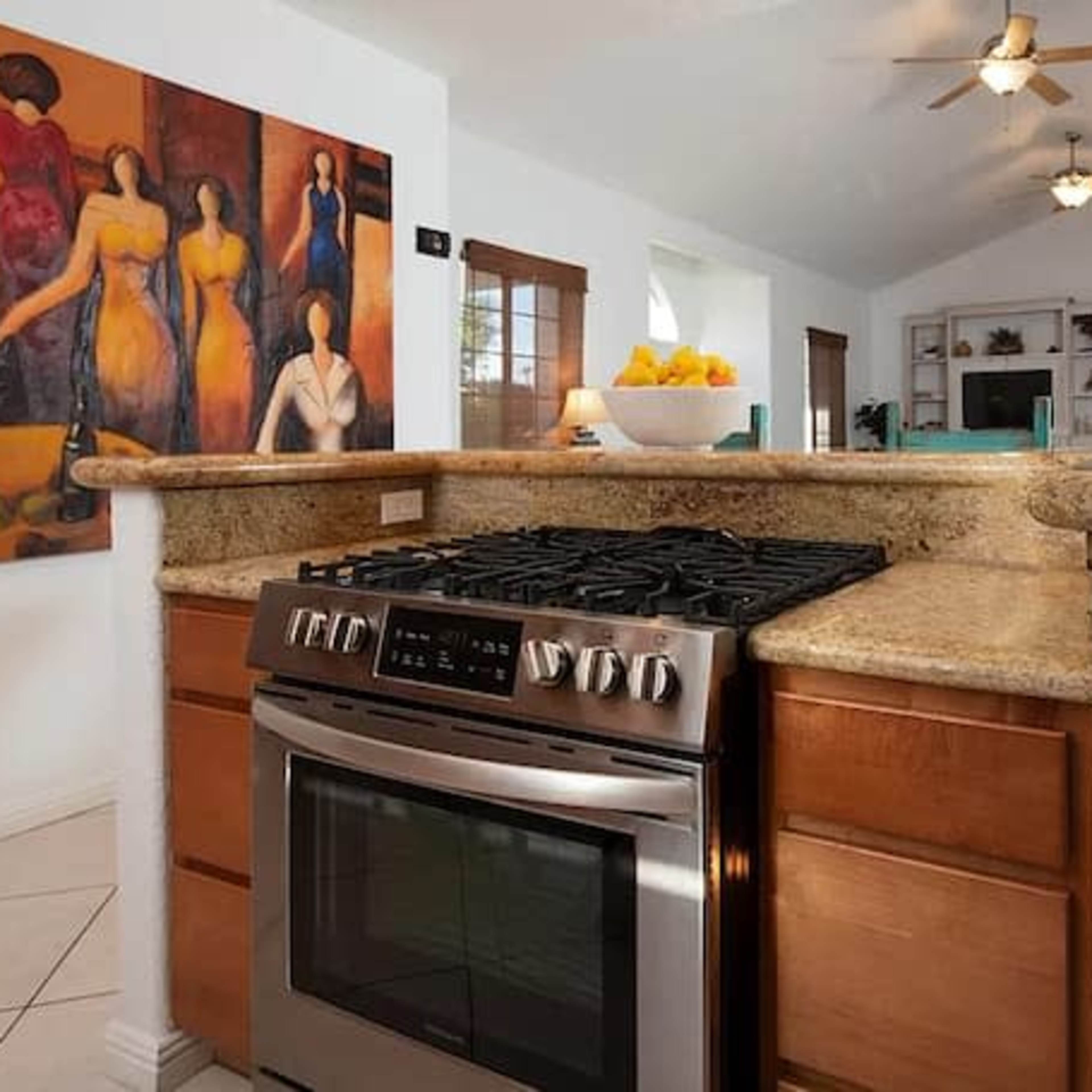 A modern kitchen features a stainless steel stove with a granite countertop, adjacent to a colorful painting and an open living area.