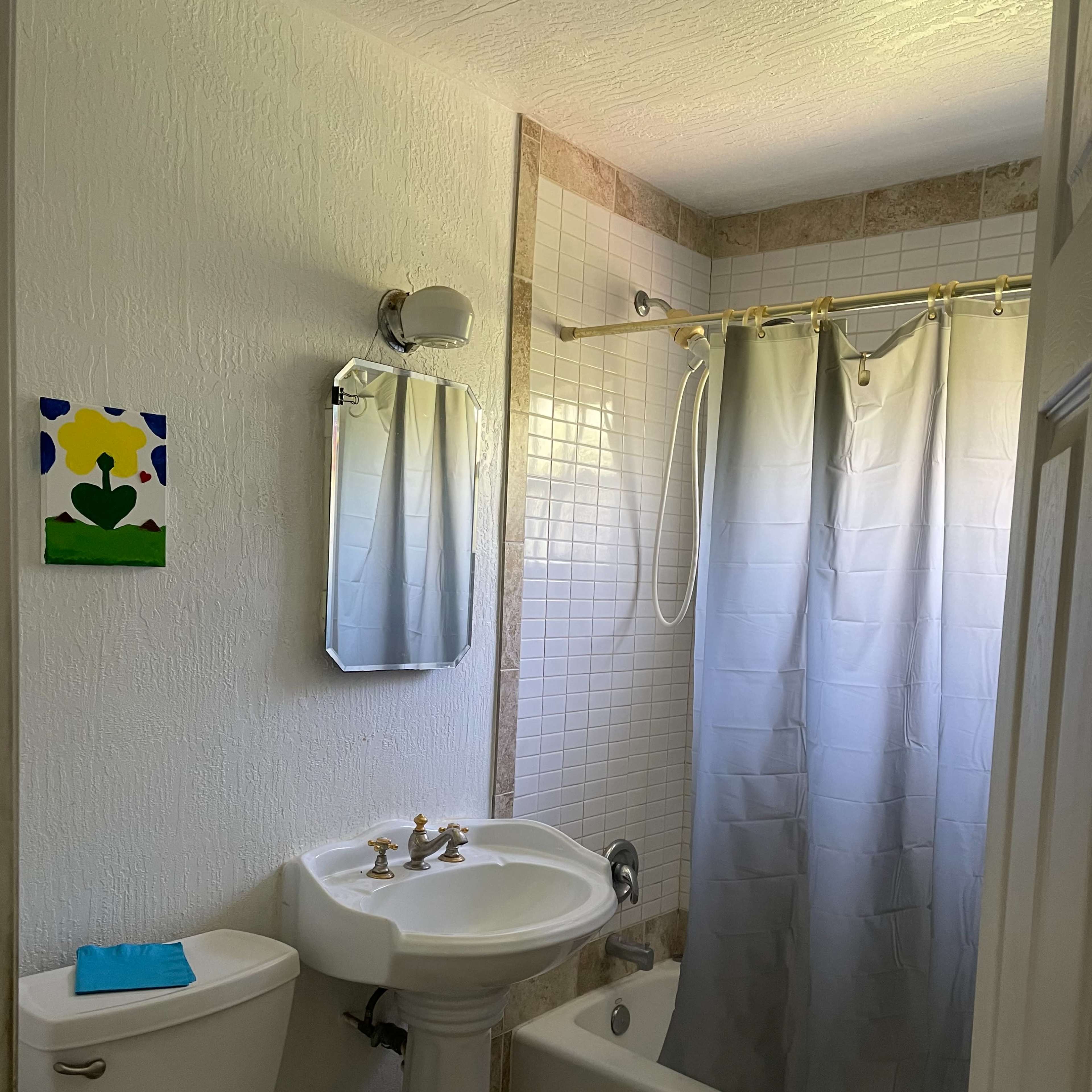 A small bathroom with a sink, a toilet, and a bathtub with a shower curtain, along with a small painting on the wall.