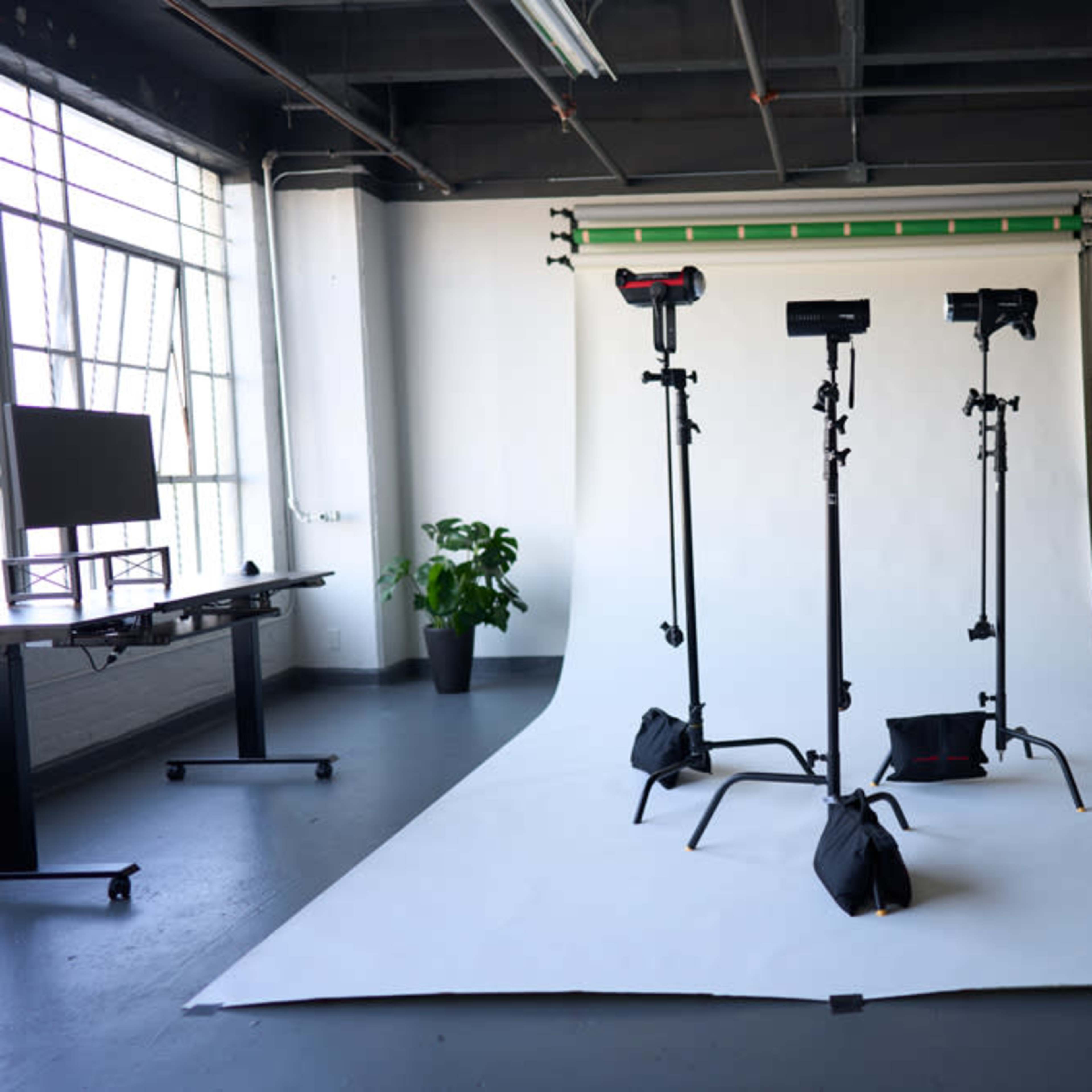 A photography studio with three light stands positioned on a white backdrop, alongside a black table and a potted plant.