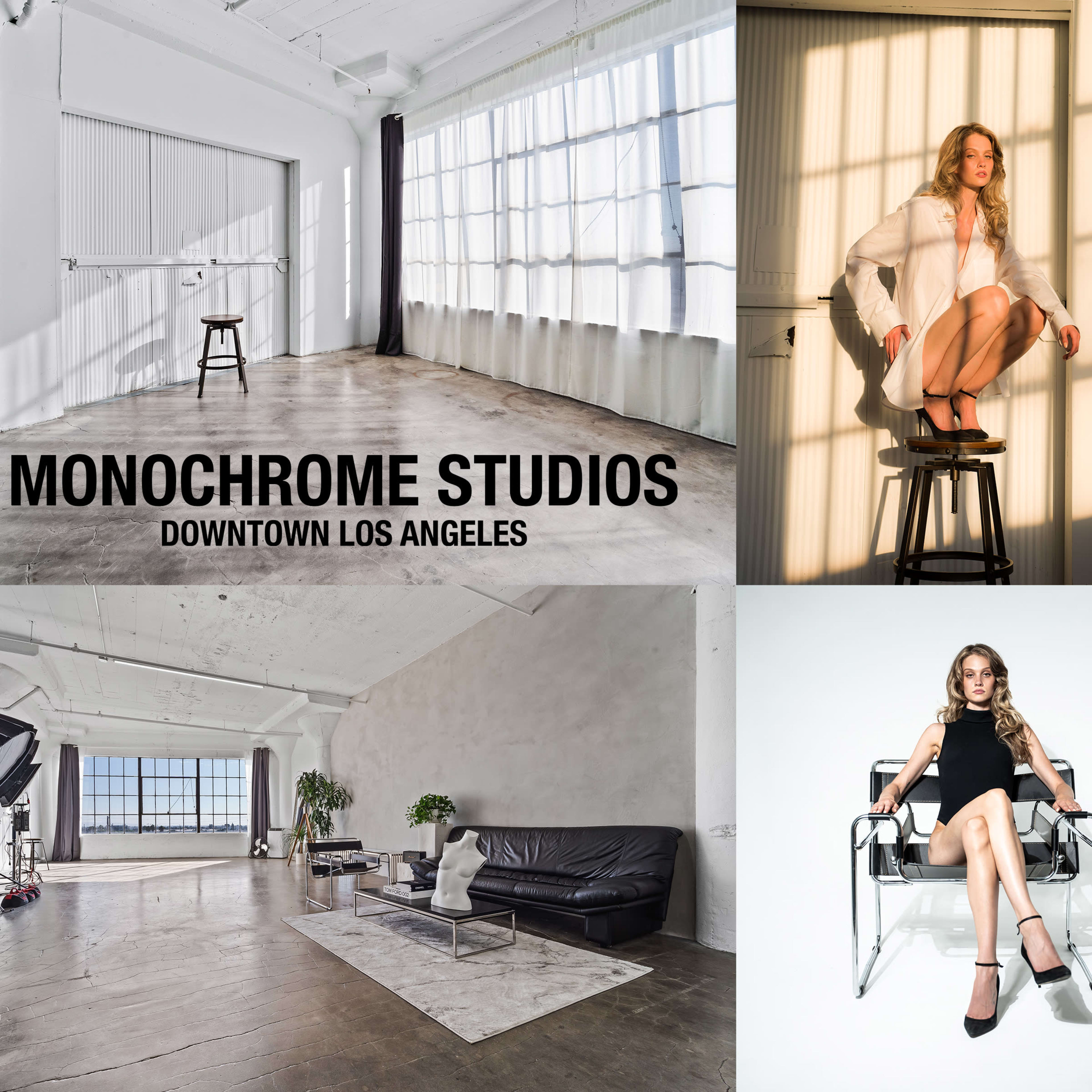 A collage of various studio settings in Downtown Los Angeles, showcasing models posing in different styles and arrangements.