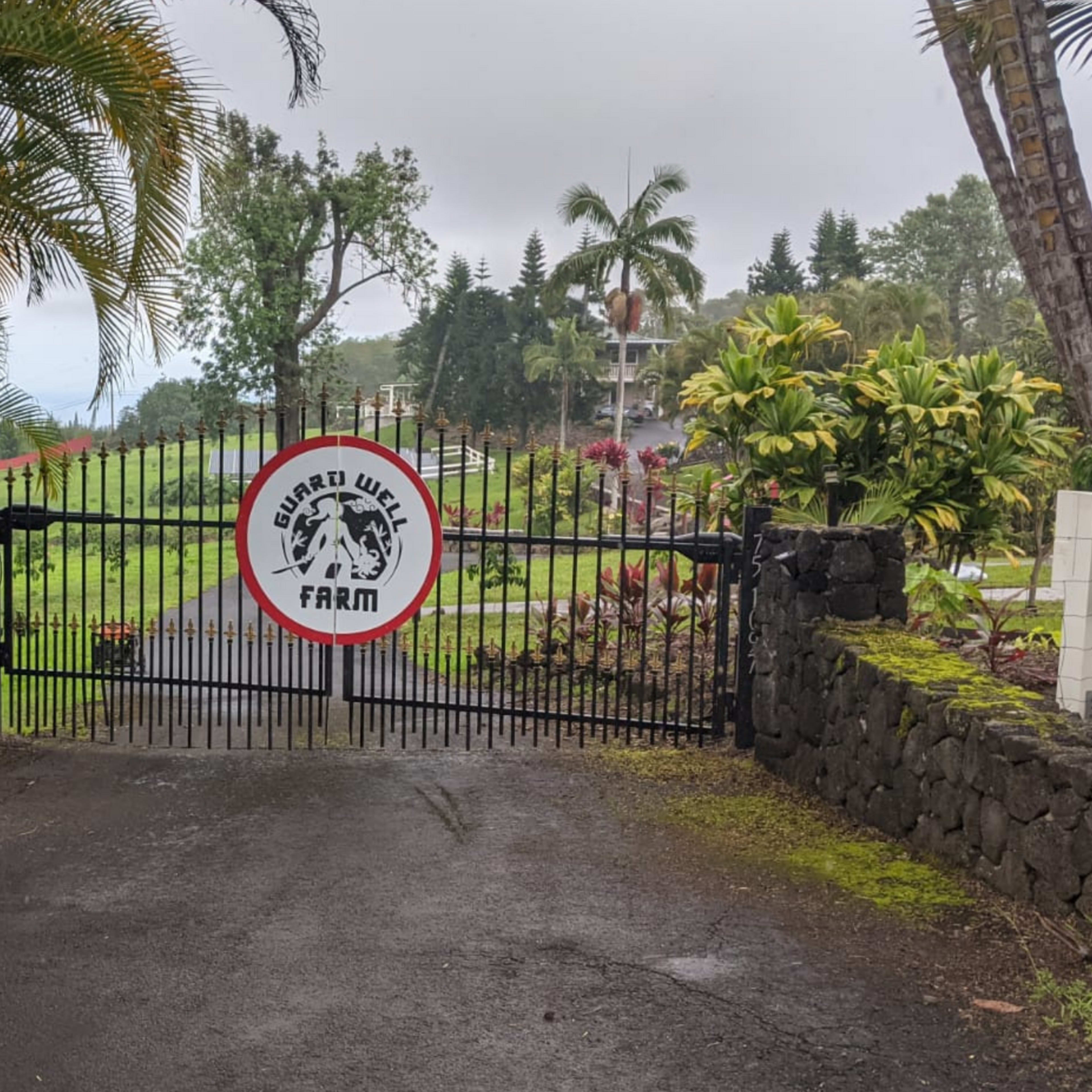 A gated entrance to "Hawaii Weli Farm," surrounded by tropical vegetation and palm trees.