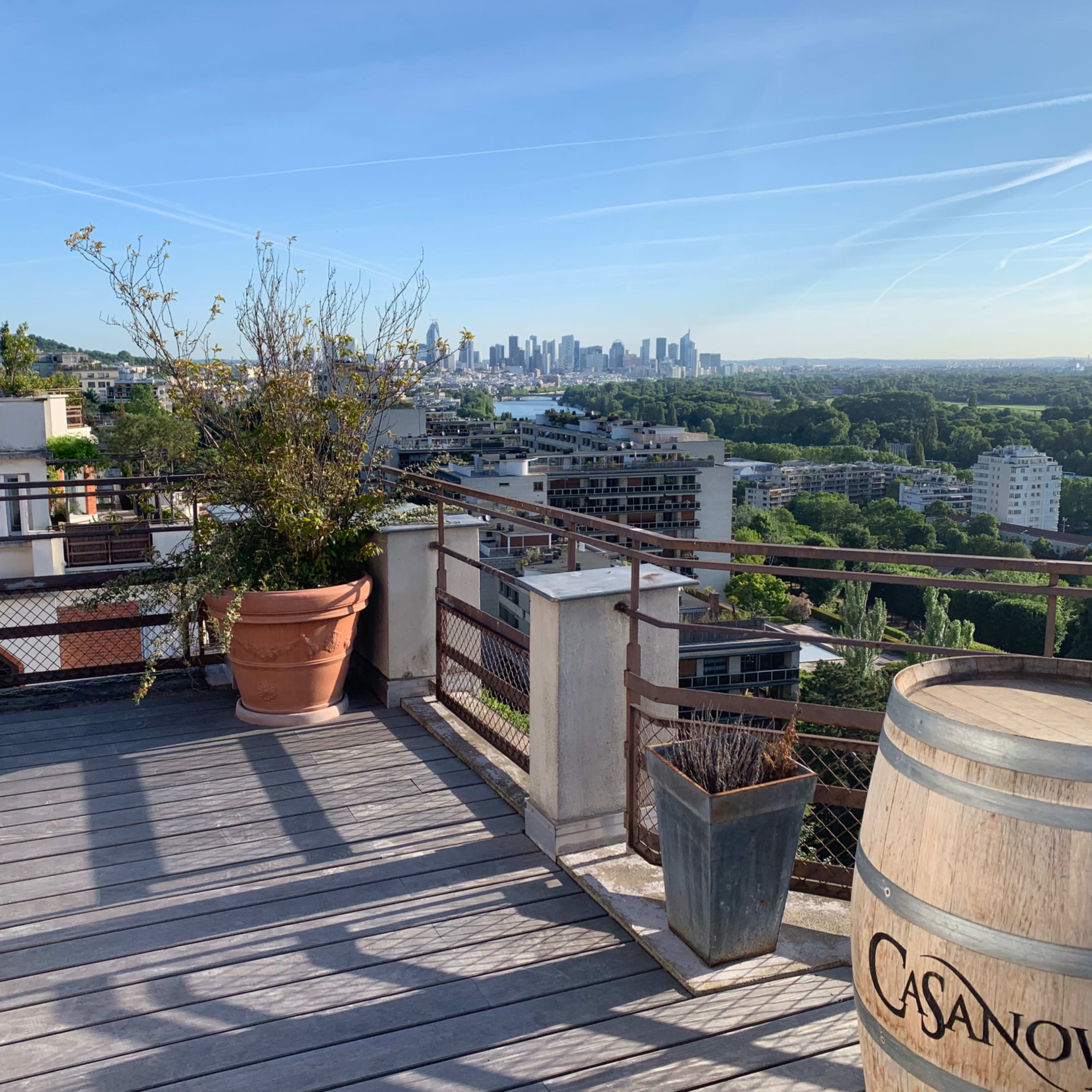 A rooftop terrace with wooden flooring overlooks a city skyline amid greenery and a large planter.
