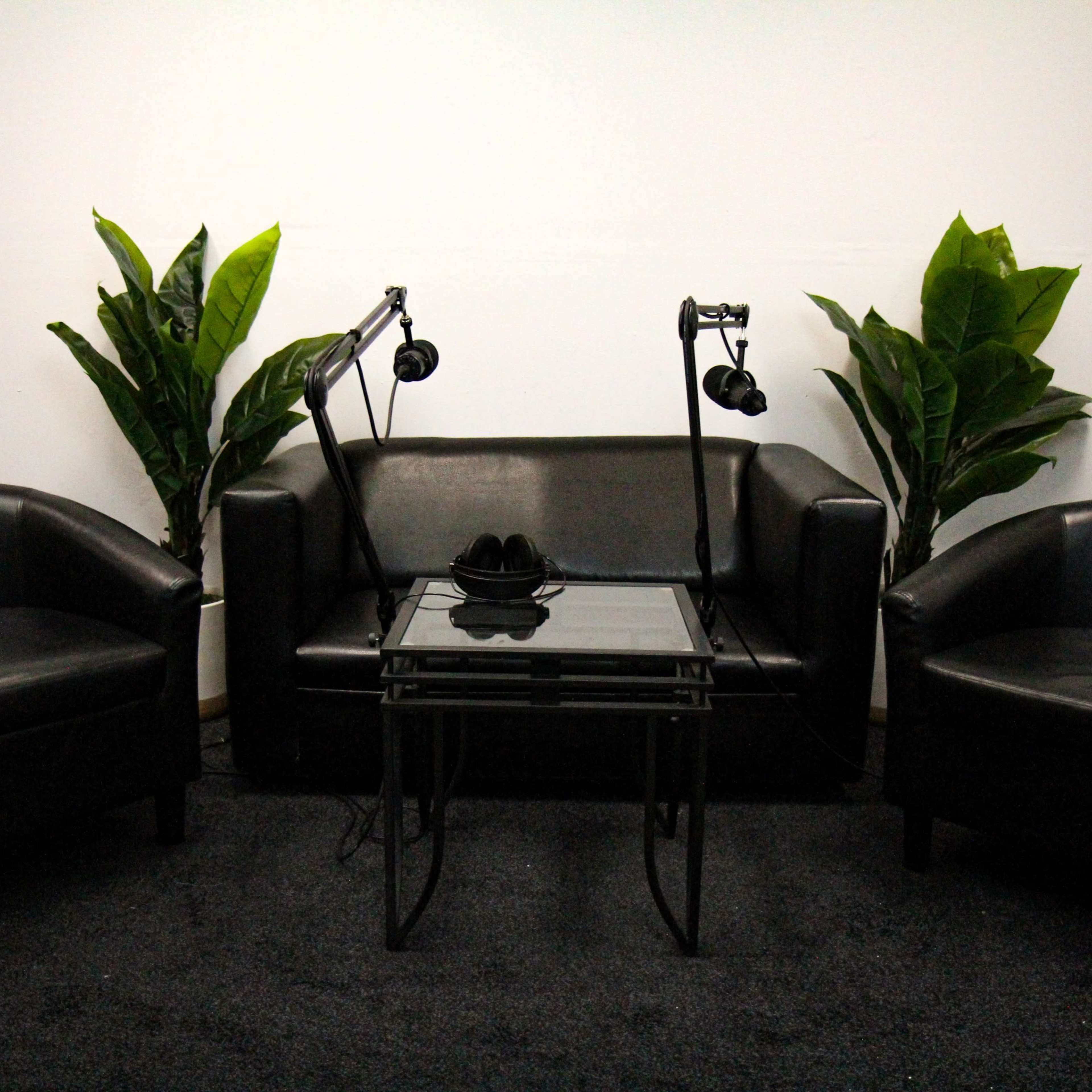 A black leather sofa is flanked by two matching armchairs, with a glass coffee table in the center and two microphones positioned overhead, surrounded by potted plants.