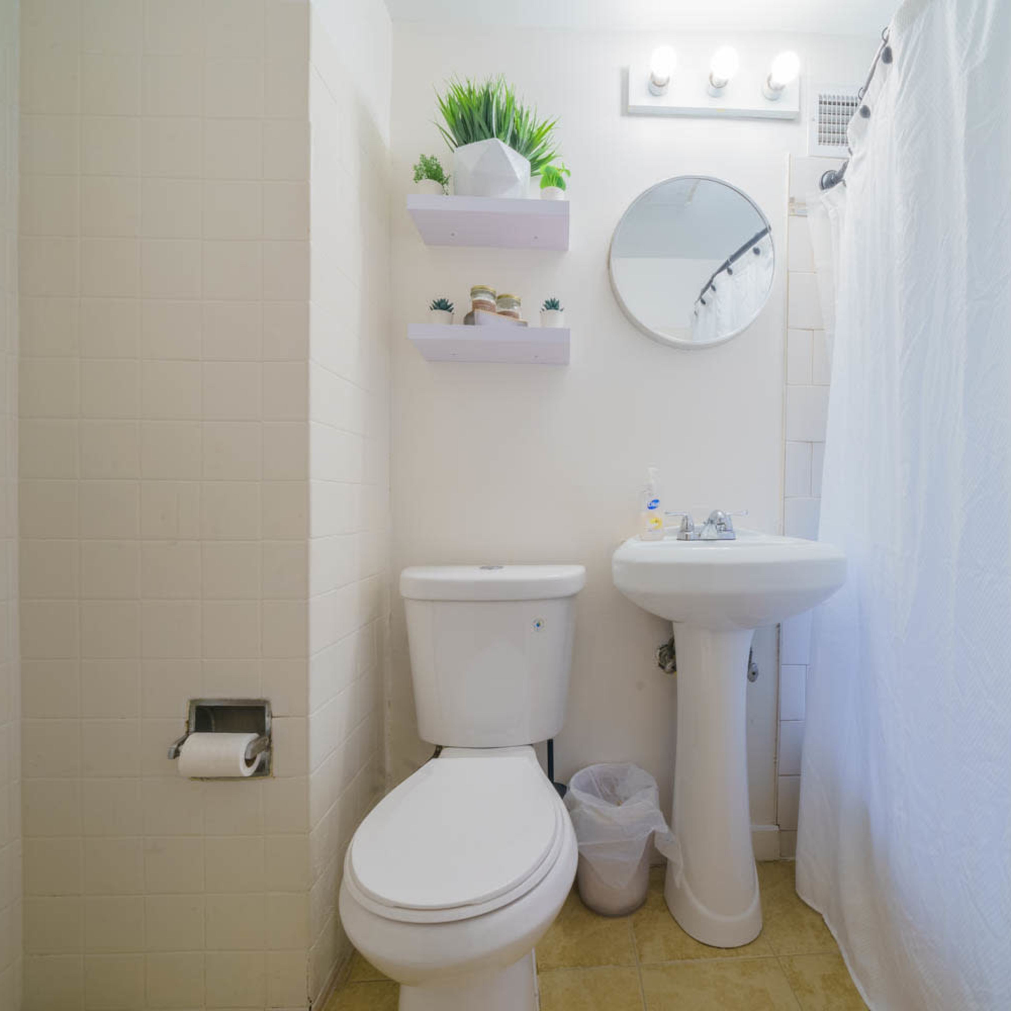 A small bathroom features a toilet, pedestal sink, mirror, and shelves with plants, along with a shower curtain.