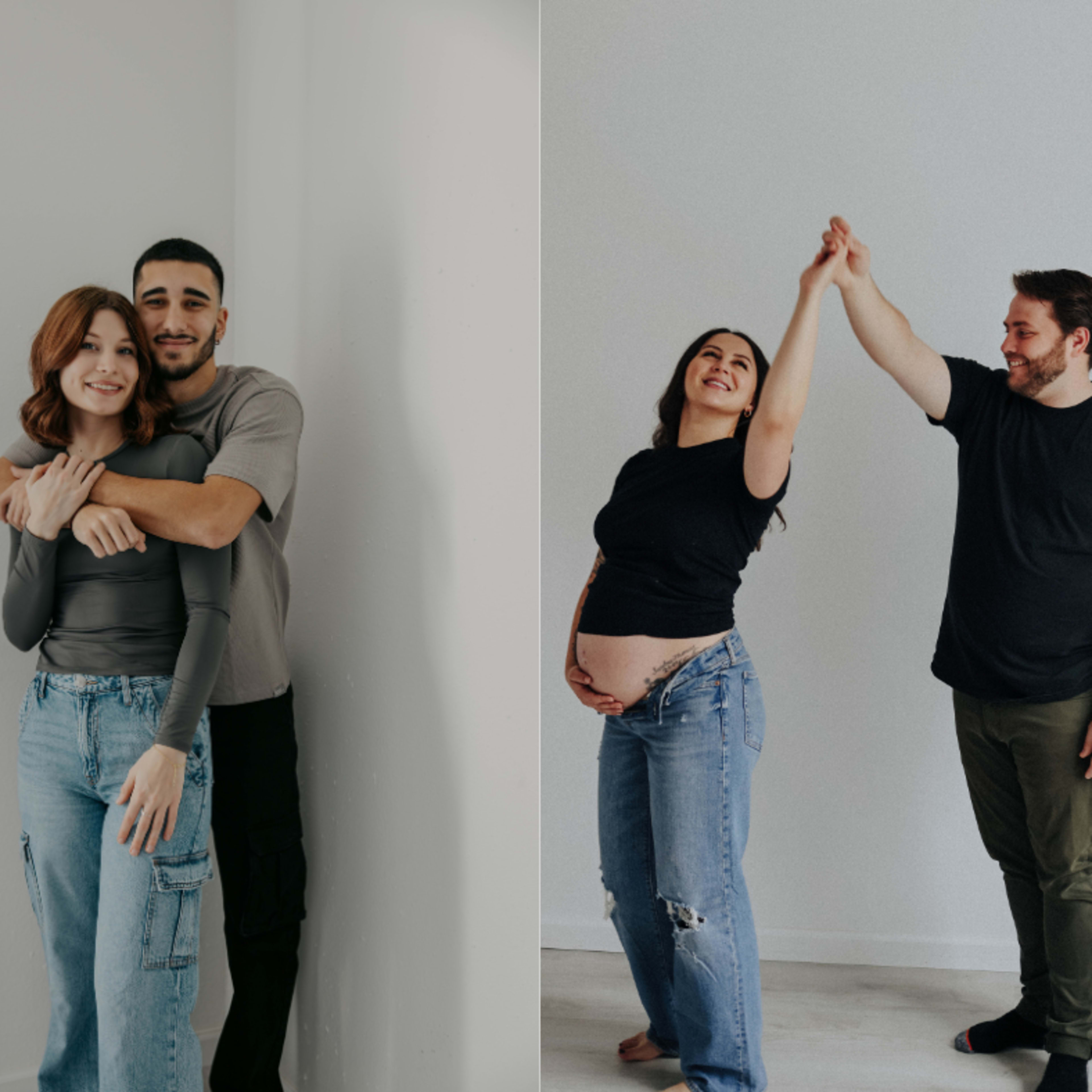Two couples in a minimalistic setting, one couple embracing and the other celebrating a pregnancy with a joyful pose.