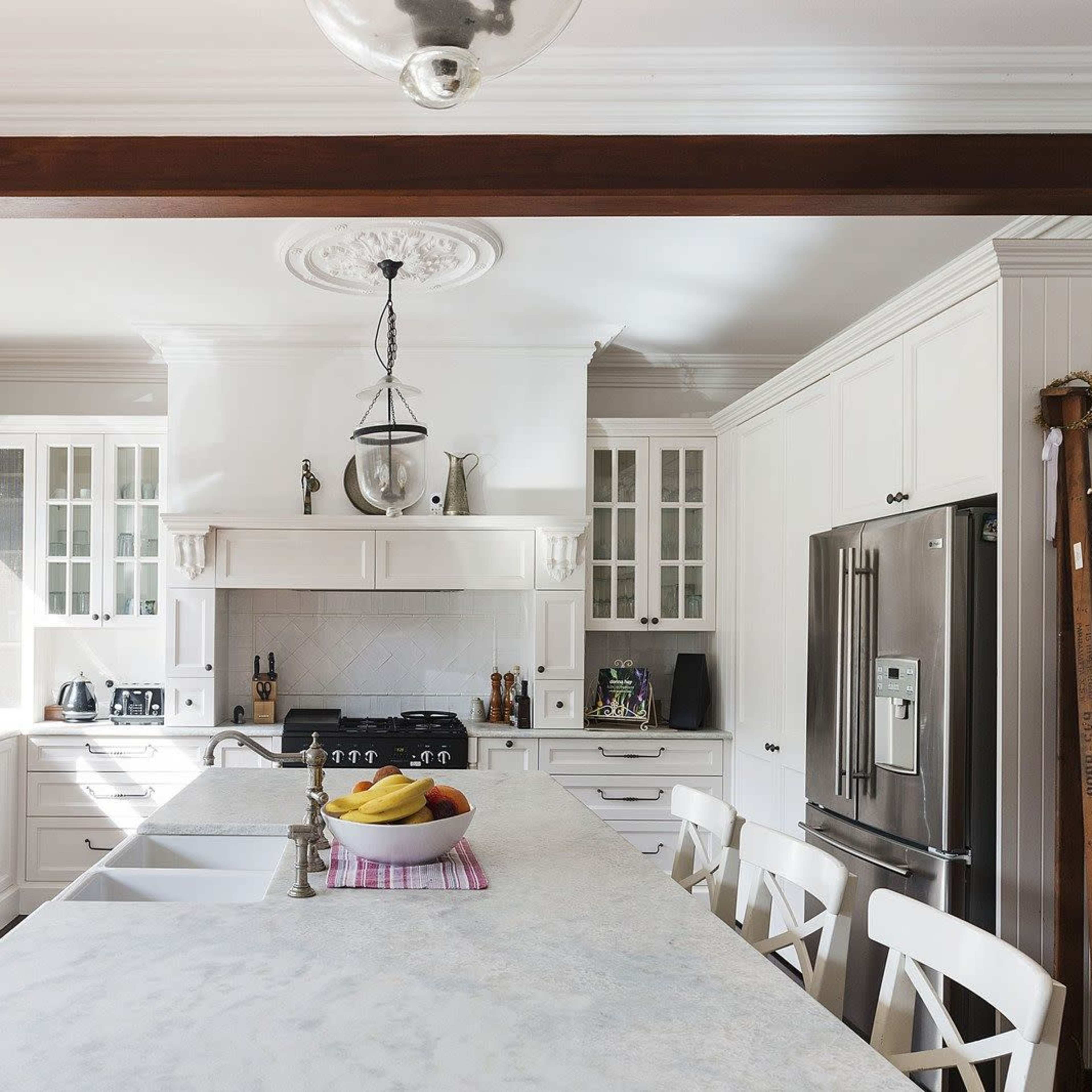 A spacious kitchen features white cabinetry, a large marble island, and stainless steel appliances.
