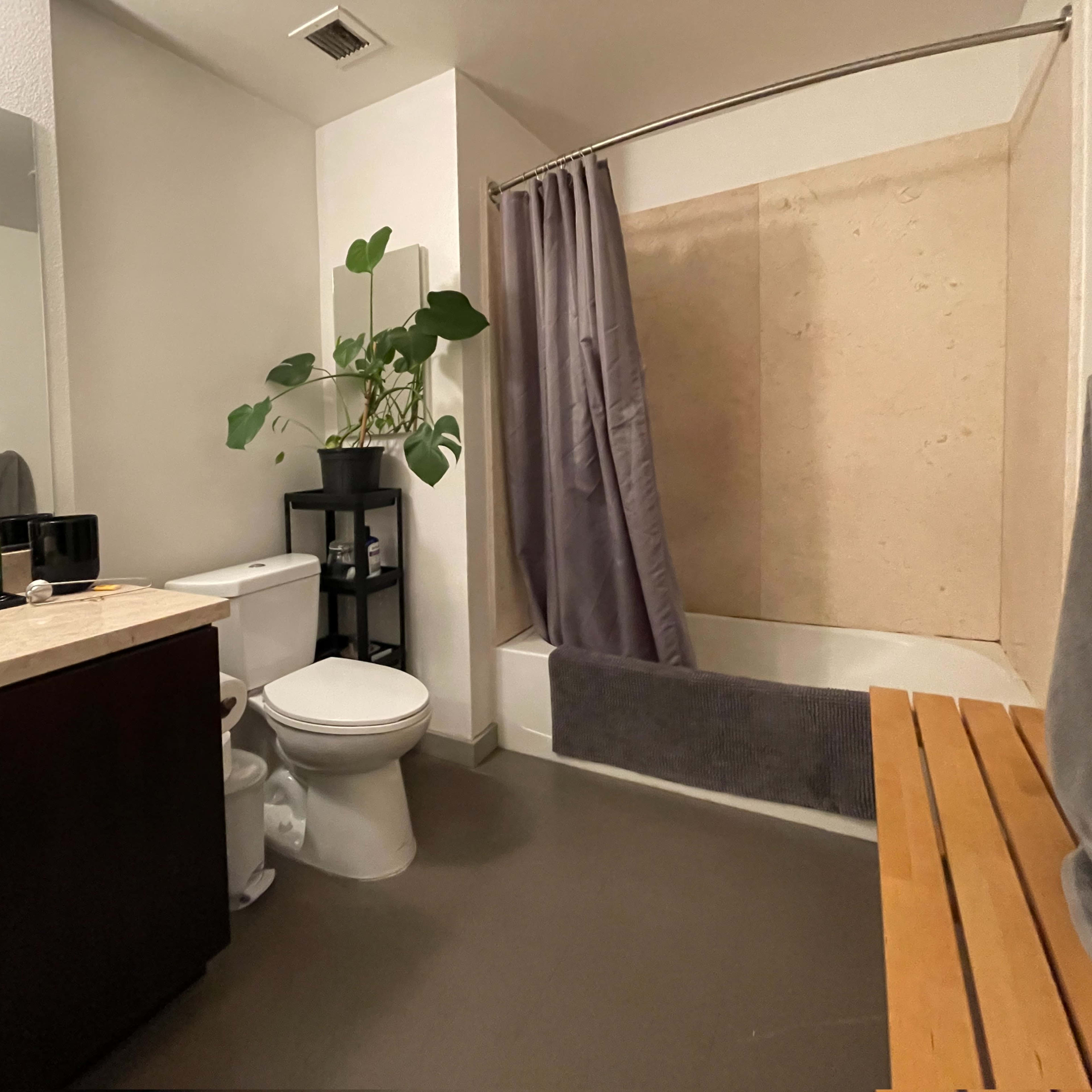 A modern bathroom featuring a bathtub with a curtain, a toilet, a sink with a countertop, and a shelf with a plant.
