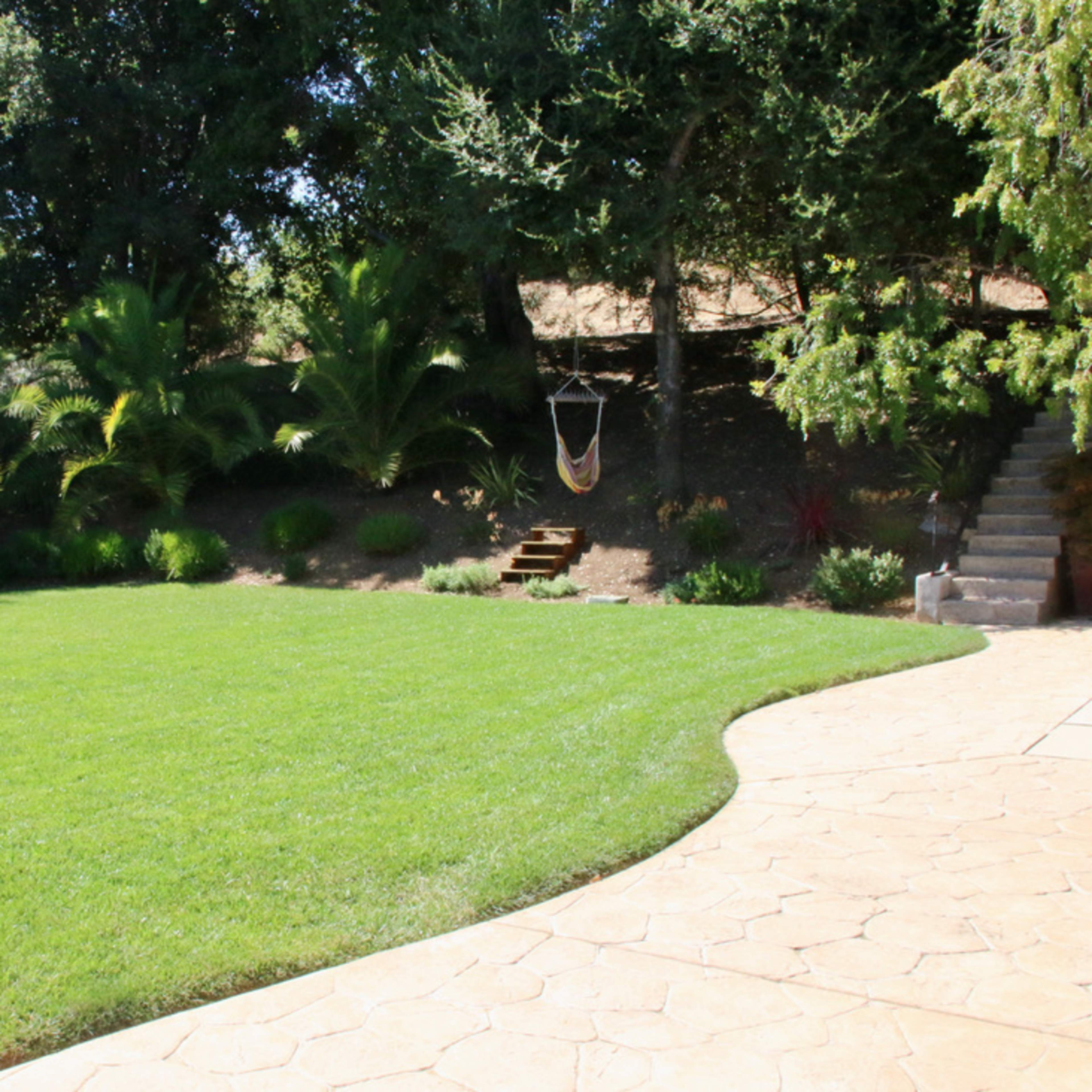 A landscaped backyard with a smooth stone walkway, a well-maintained lawn, and a hammock hanging near a group of trees.