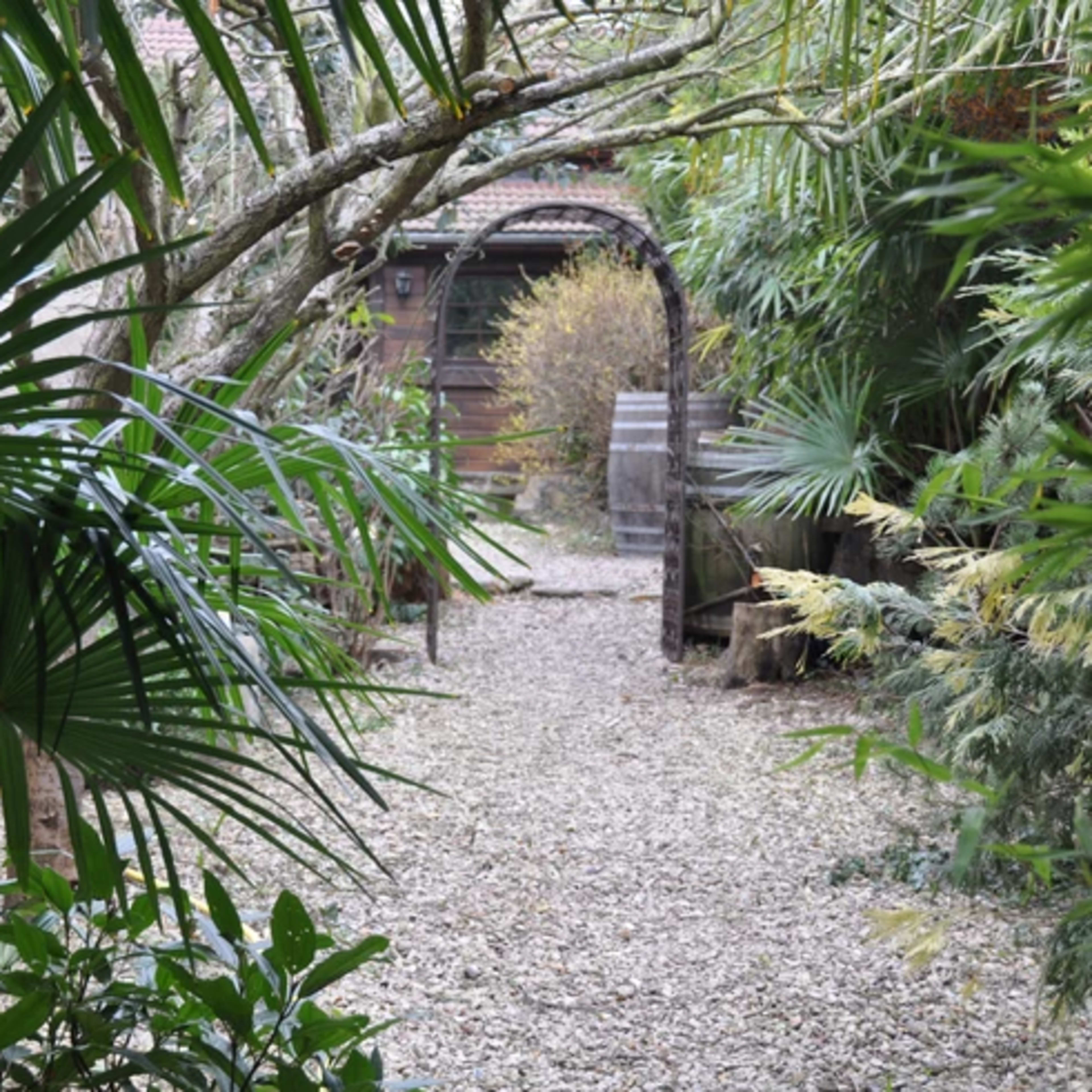 A gravel path winds through a lush garden with various plants and trees leading to a wooden structure in the background.