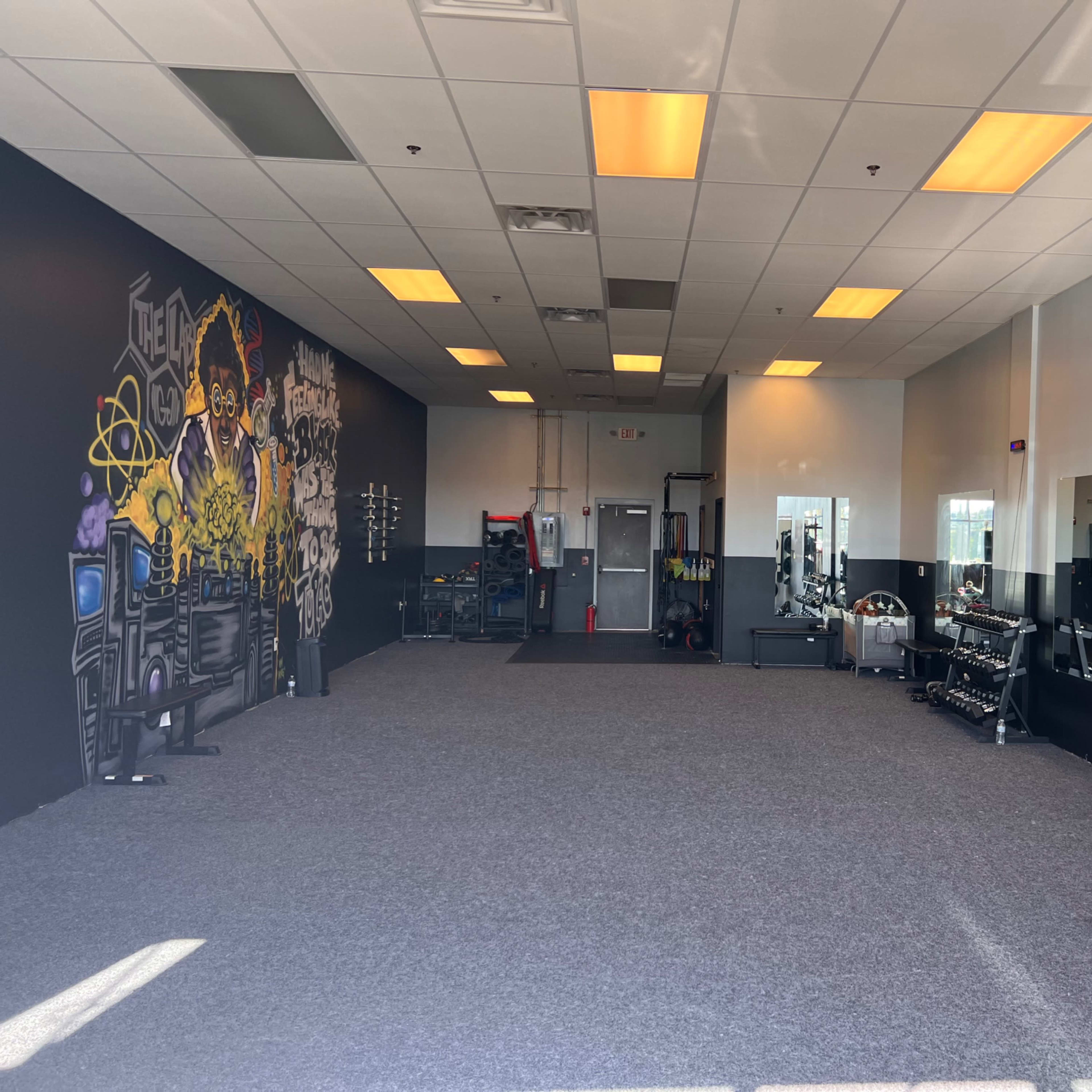 An empty gym with gray carpeting, a mirror, weightlifting equipment, and a mural on one of the walls.
