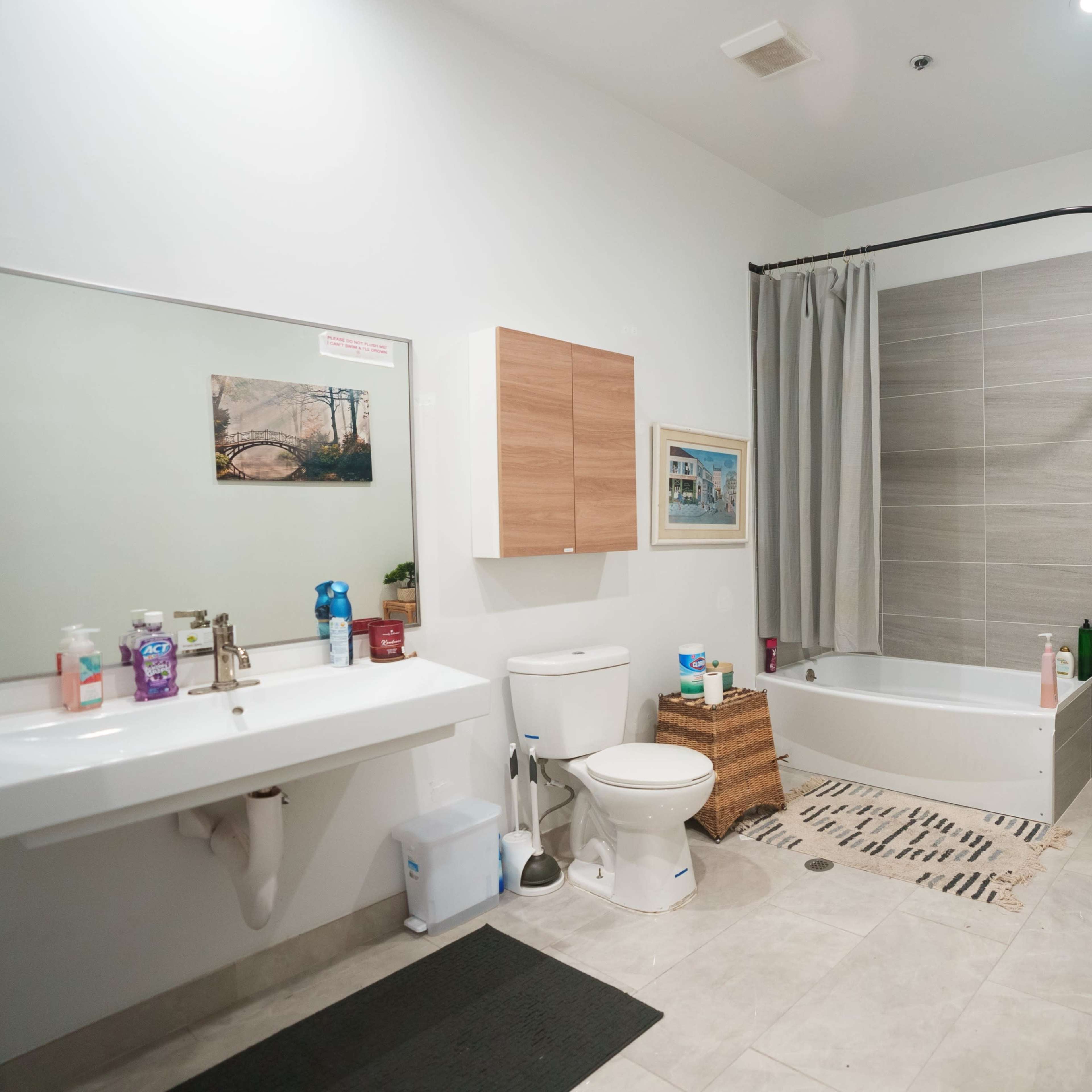 A modern bathroom with a bathtub, a toilet, a sink, and various storage and decorative elements.