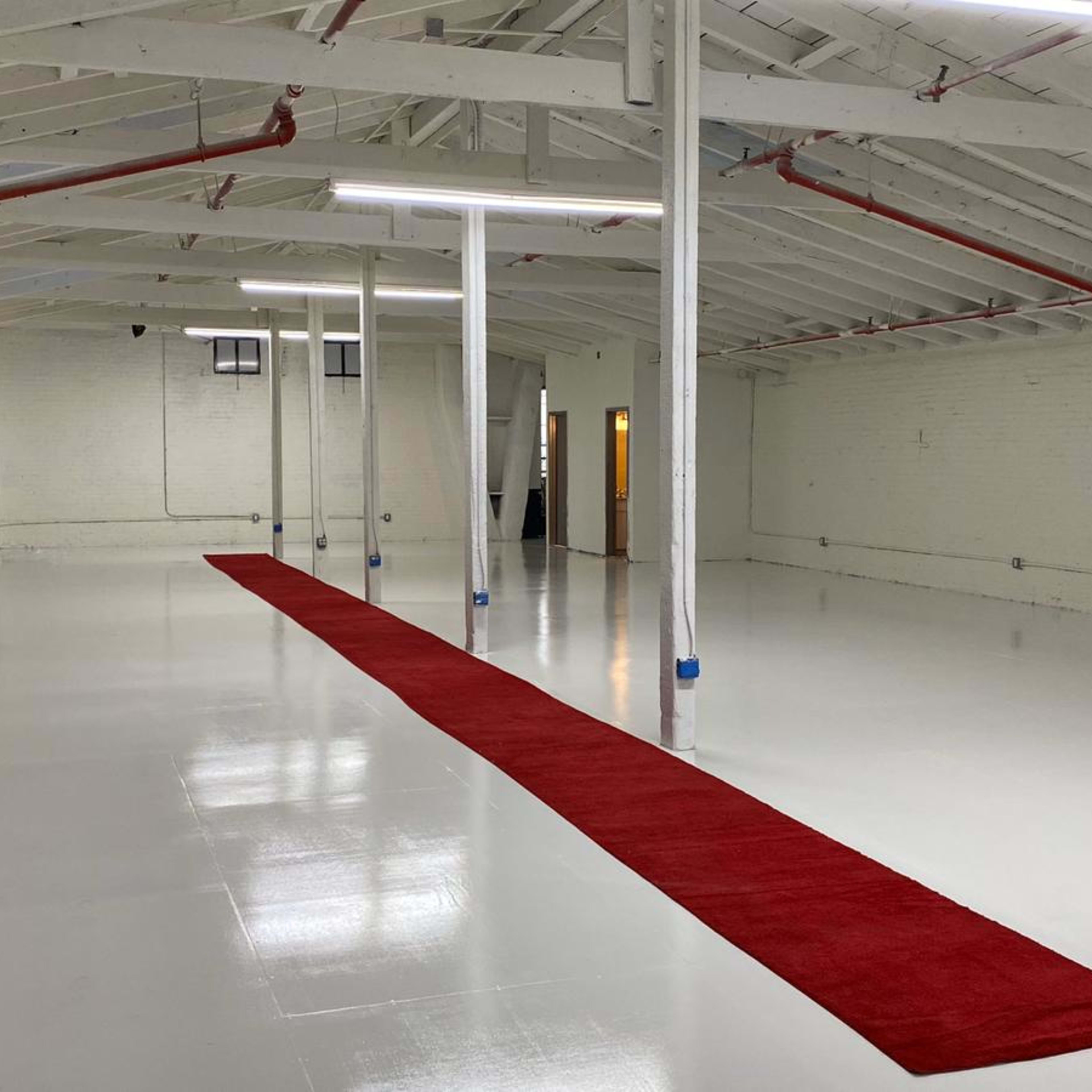A spacious, empty room with a red carpet running along the center, illuminated by overhead lights and featuring white walls and a high ceiling supported by columns.