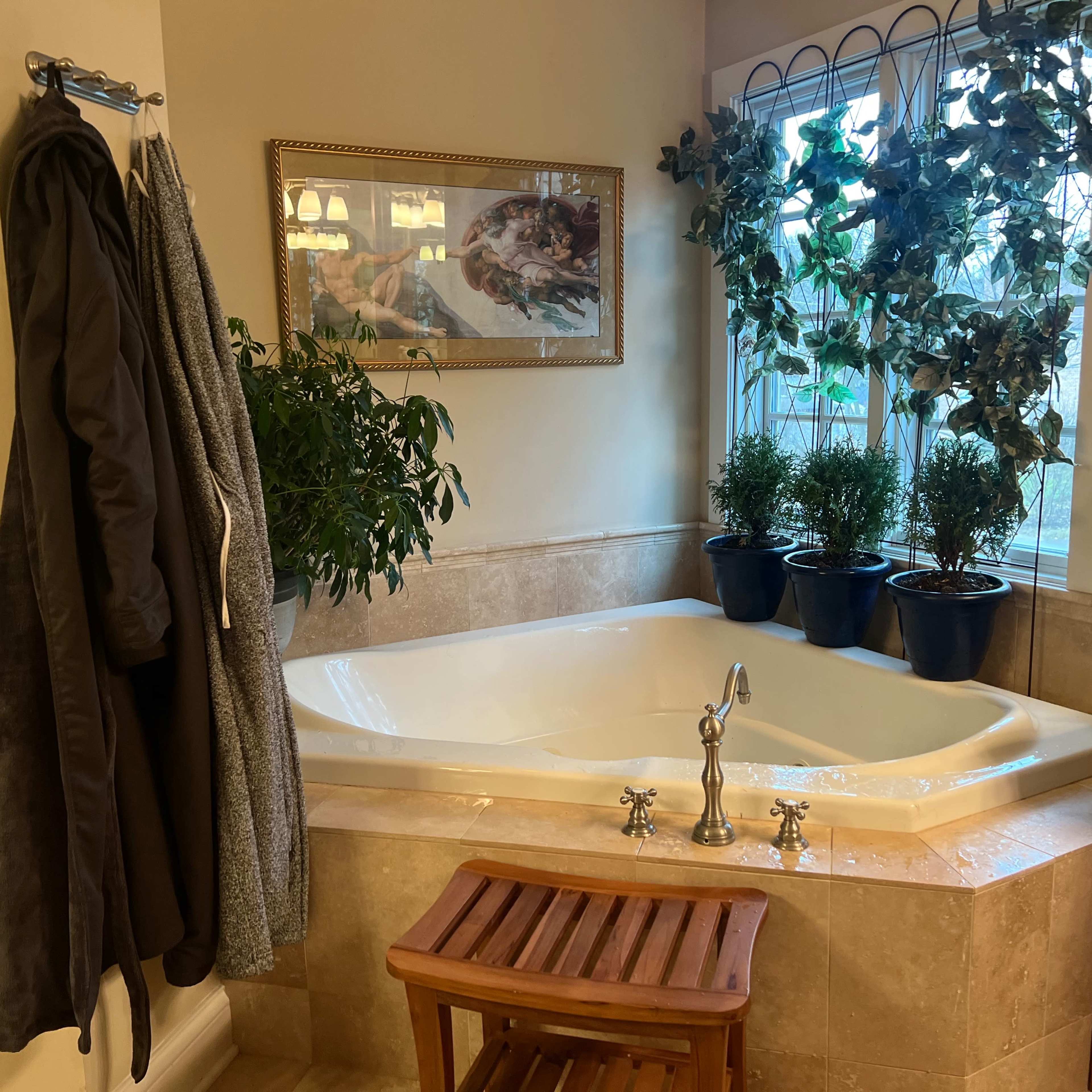 A corner bathtub next to a window with potted plants, a wooden stool, and a coat hanging on a rack.
