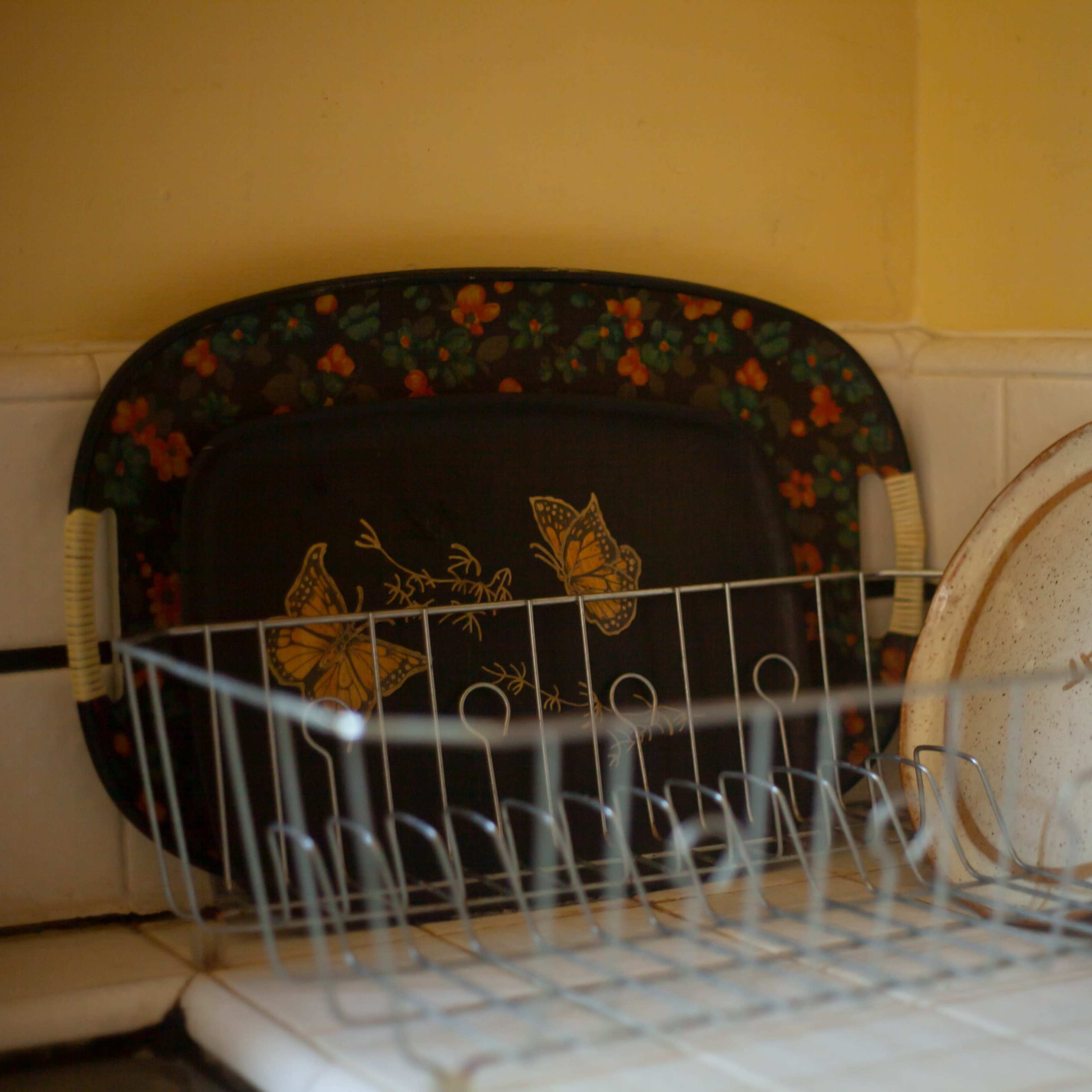 A black floral tray and a speckled plate rest beside a metal dish rack on a white tiled surface.