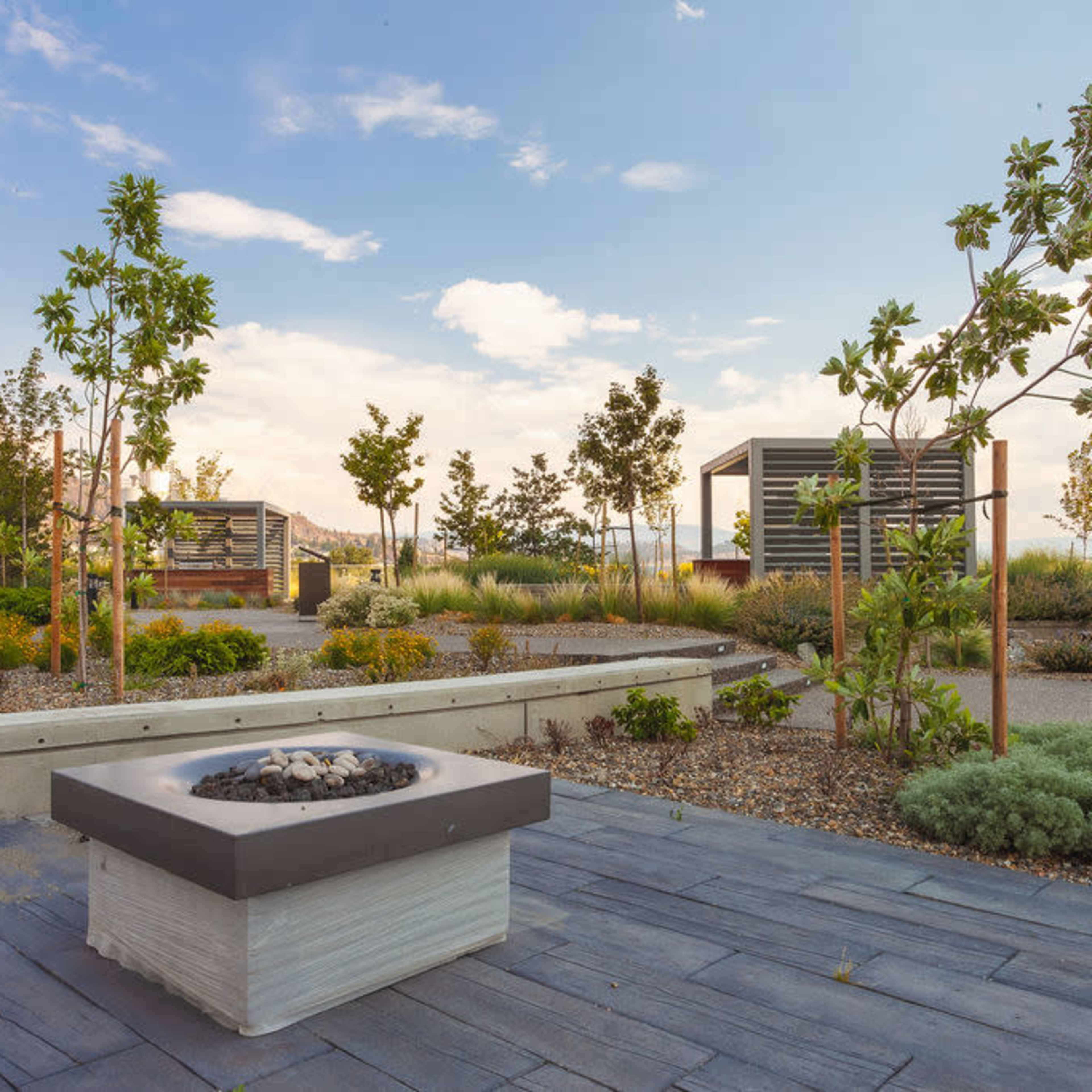 A landscaped outdoor area featuring a fire pit surrounded by green plants and decorative structures under a cloudy sky.