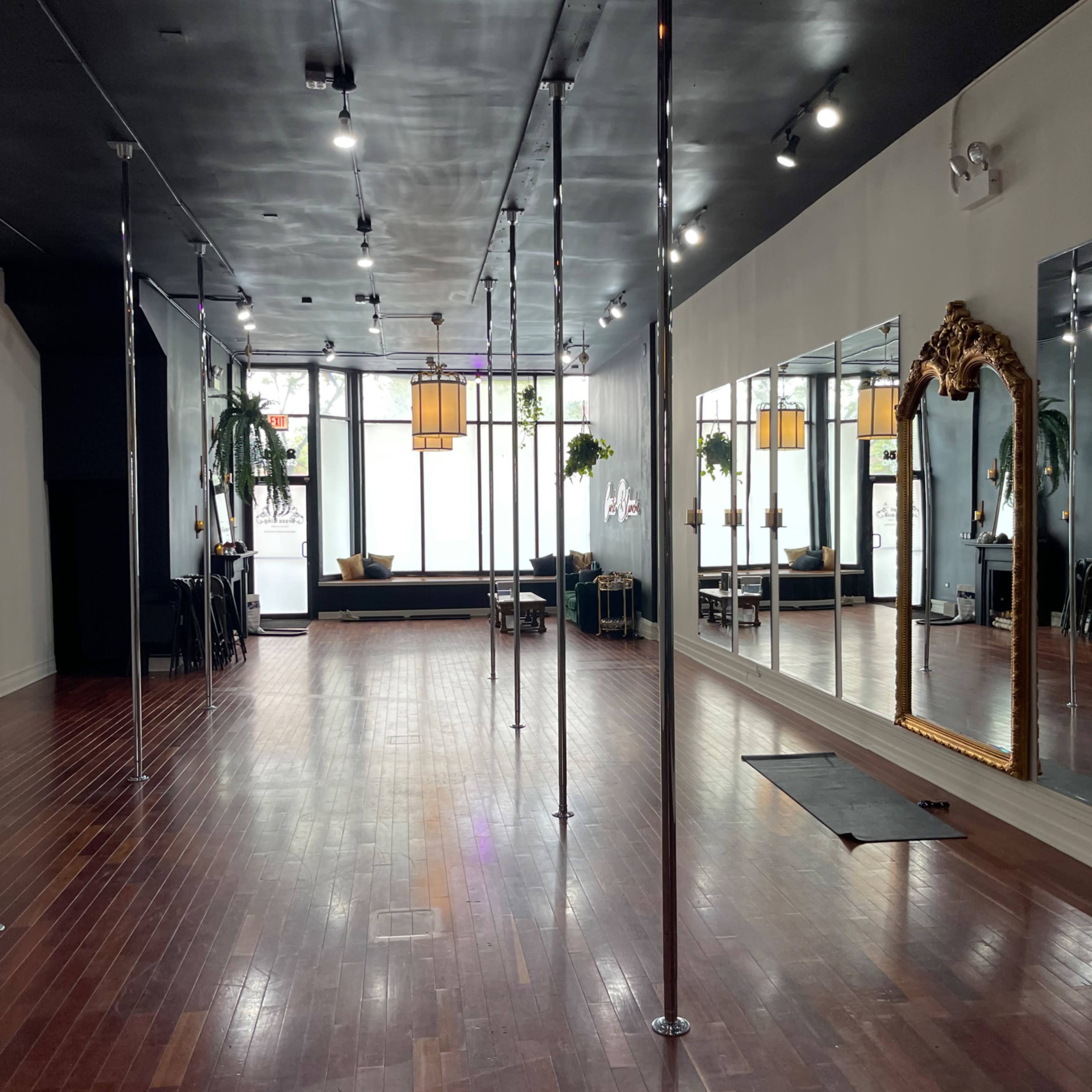 A spacious dance studio featuring several vertical poles, large mirrors, wooden flooring, and potted plants near the windows.