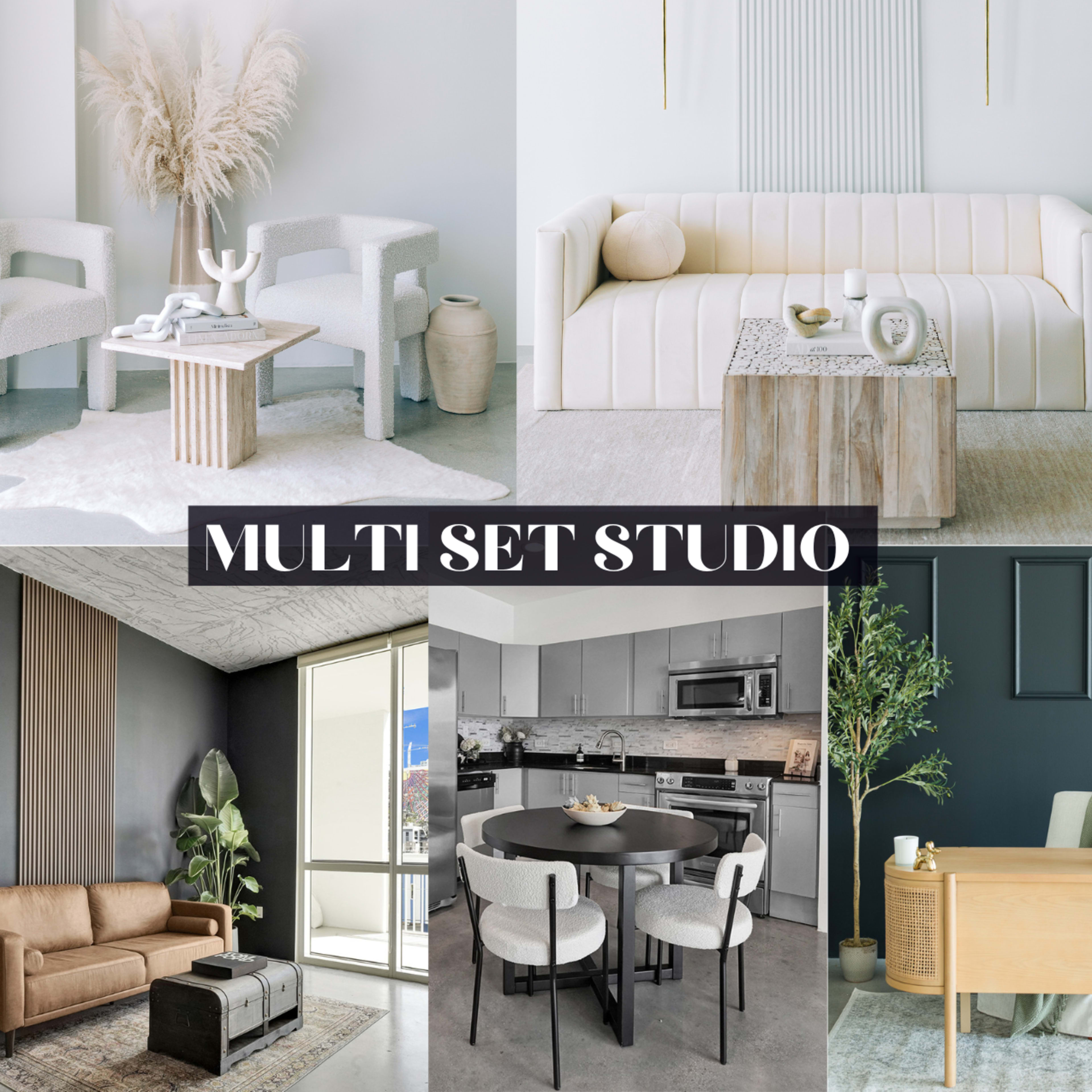 Four distinct interior design setups featuring various furniture styles, including a modern living room, a minimalist dining area, and a cozy lounge space.