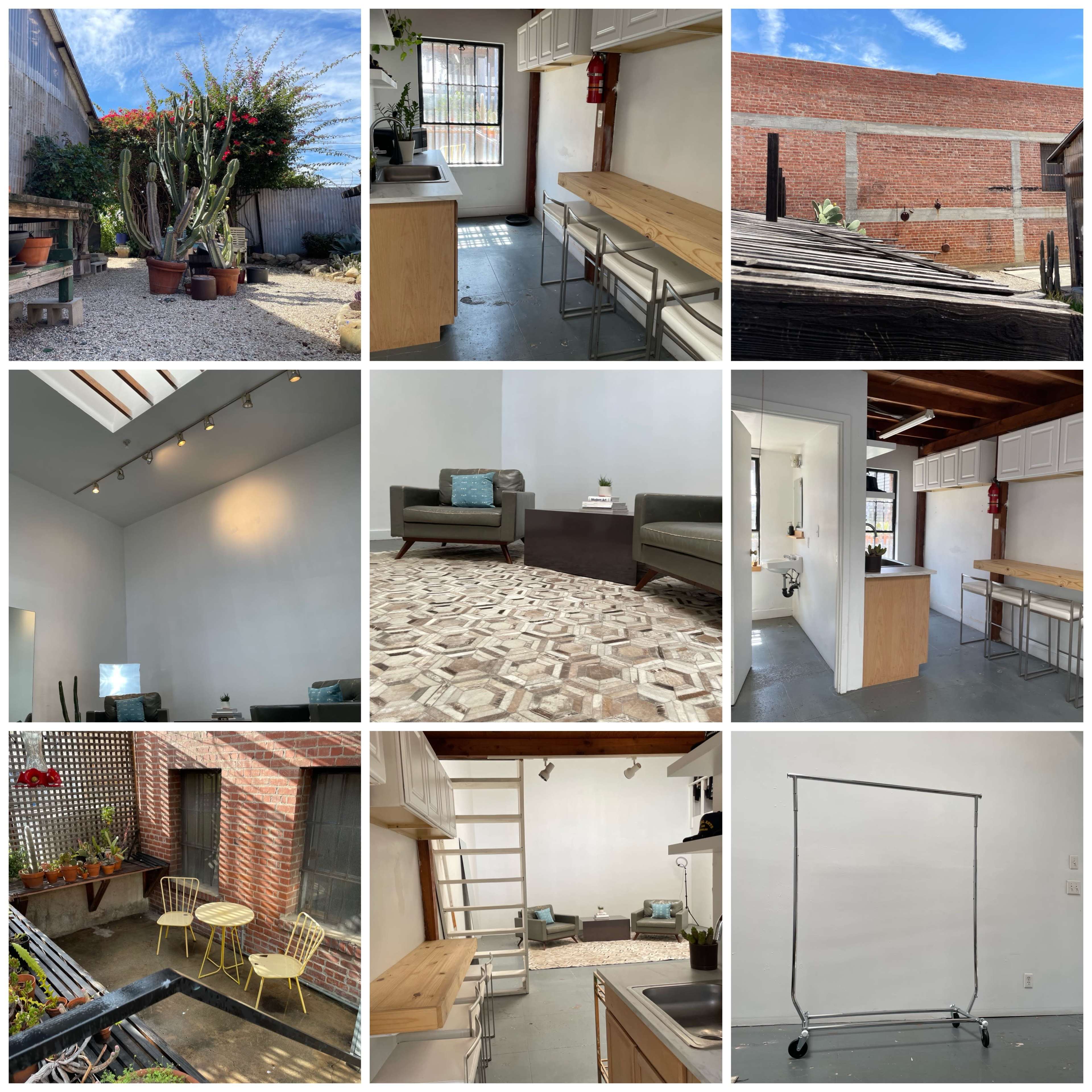 A collage of various interior and exterior spaces, including a kitchen area, living room, and patio with plants.