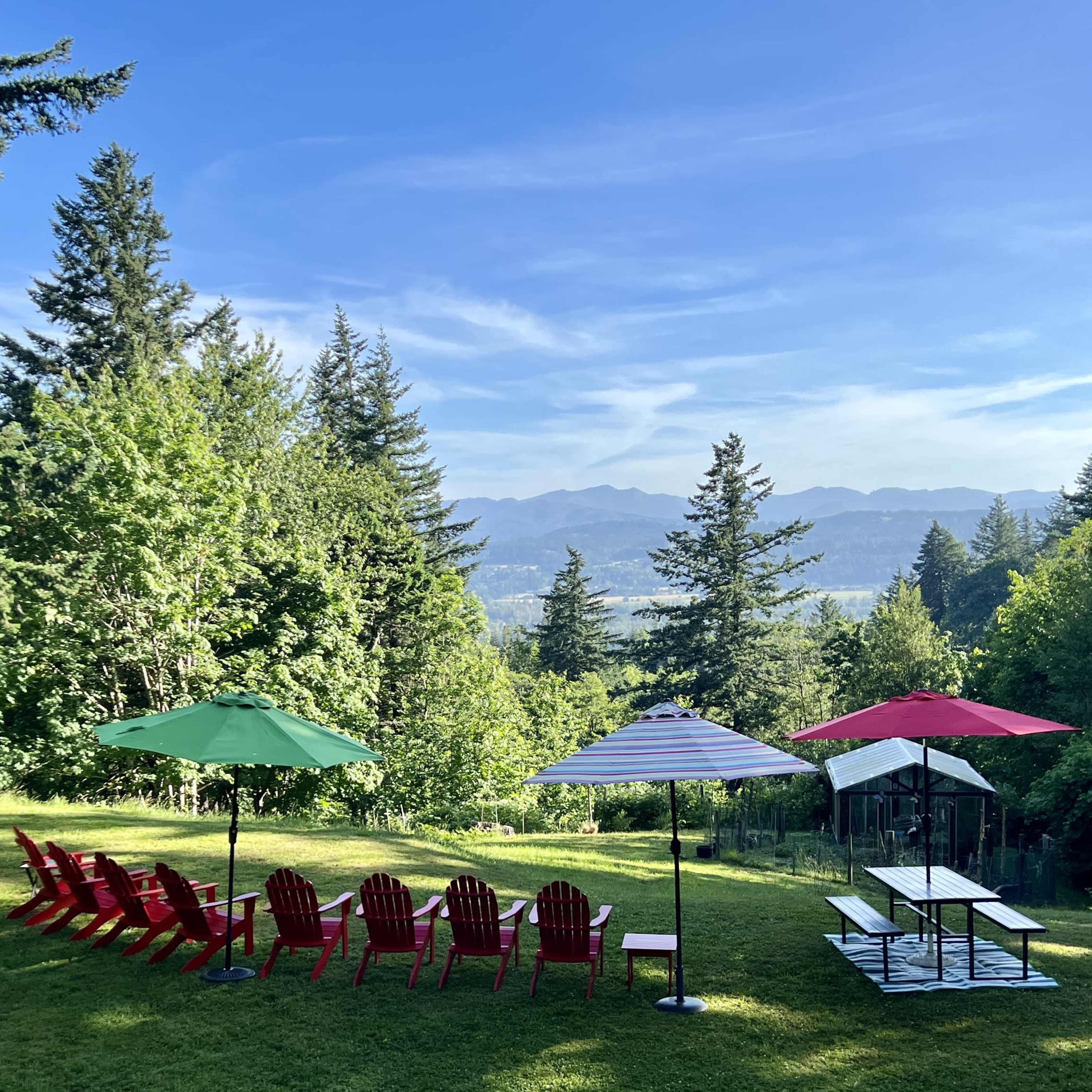 A row of red Adirondack chairs with umbrellas overlooks a lush green landscape and distant mountains.