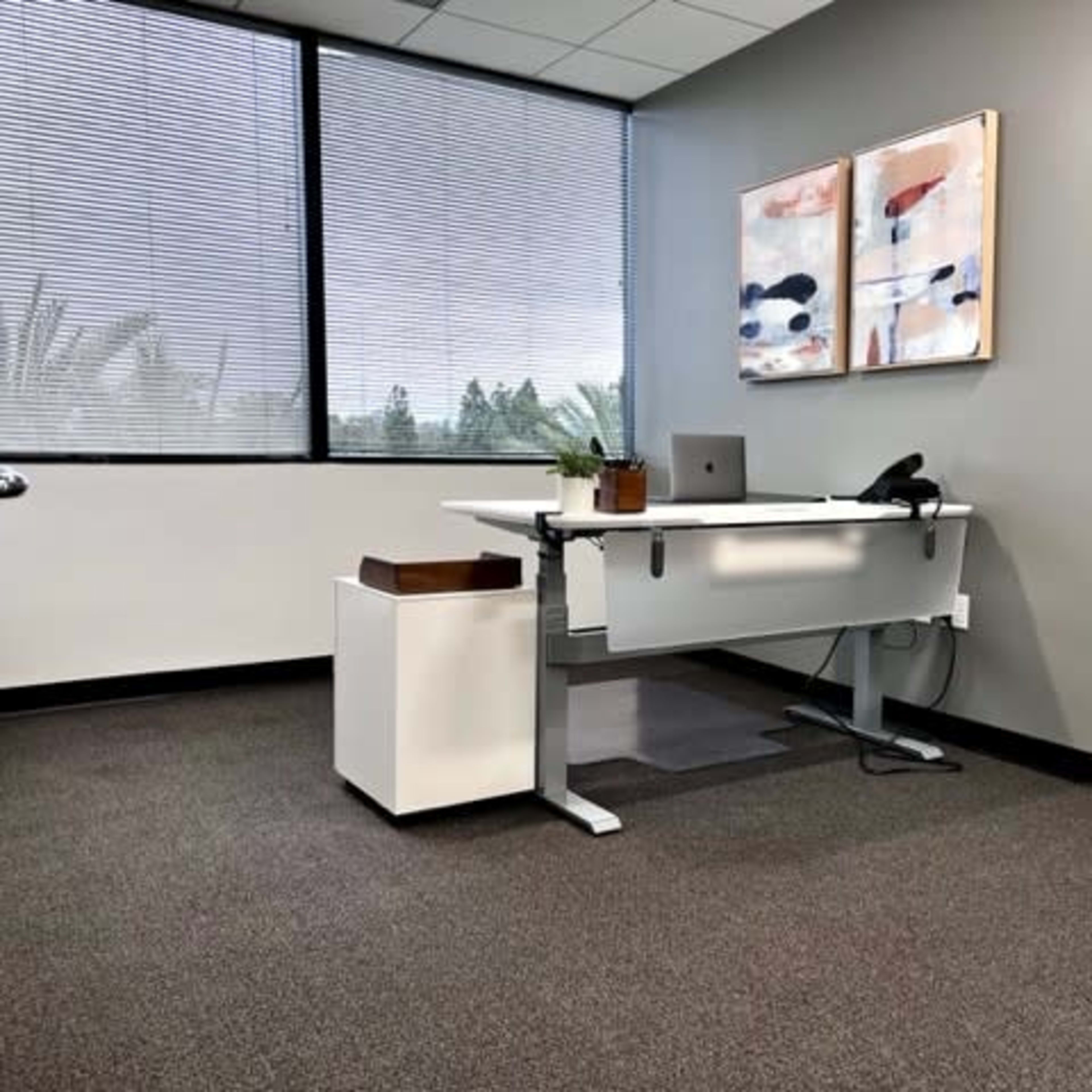 A modern office space featuring a standing desk with a laptop, a phone, and two abstract paintings on the wall.