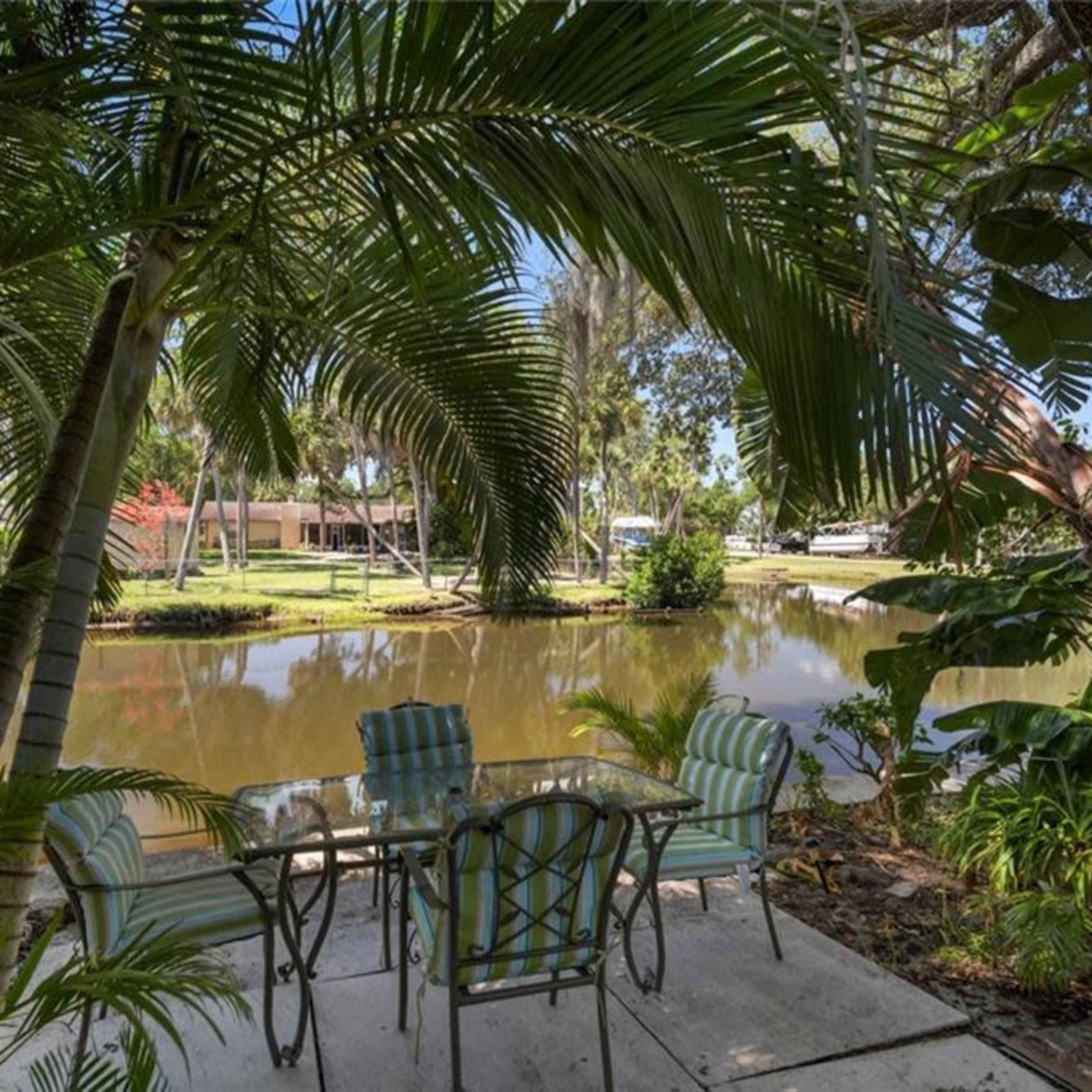 A table with chairs is set beside a calm body of water, surrounded by lush greenery and palm trees.