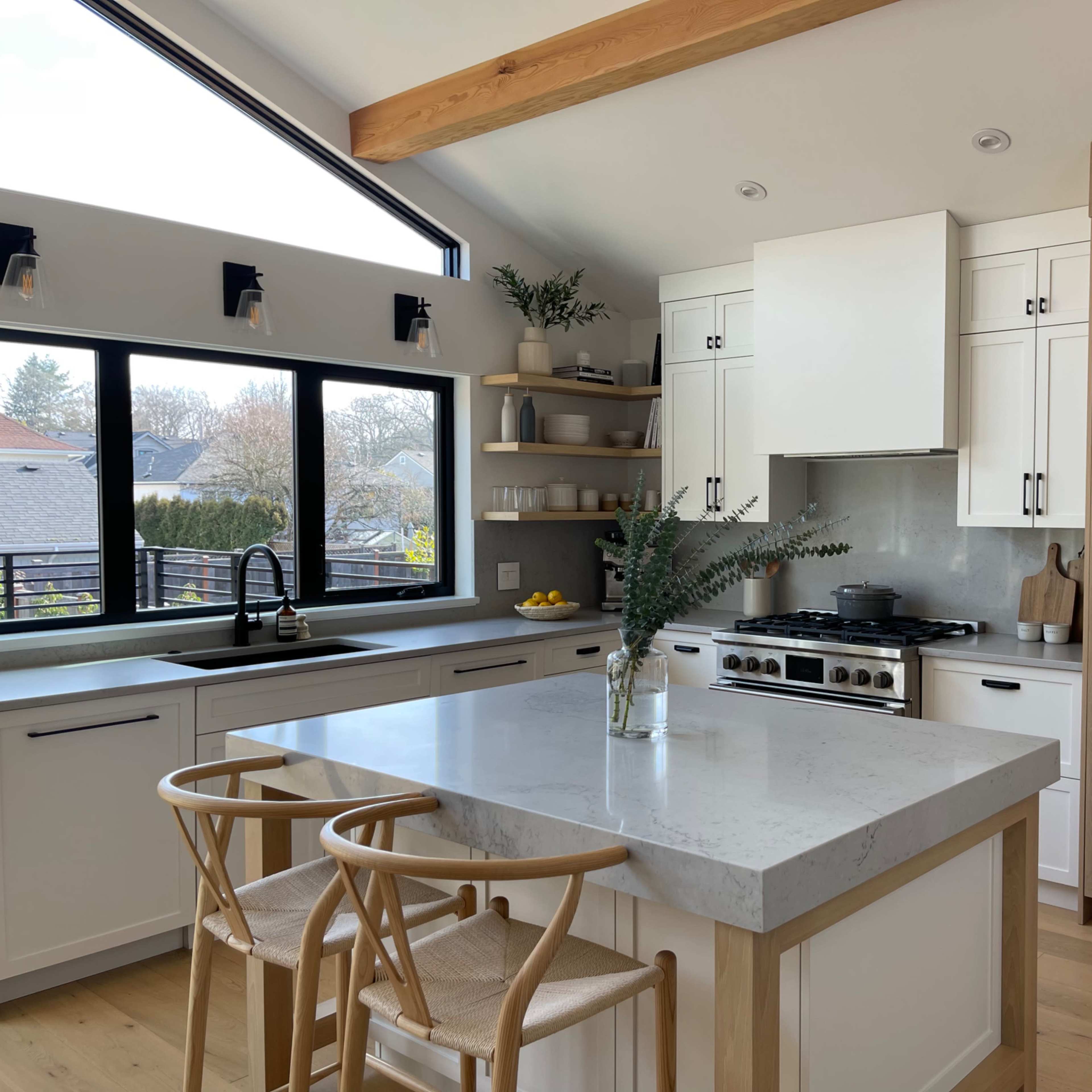 A modern kitchen features white cabinets, a large white island with wooden bar stools, and large windows allowing natural light to illuminate the space.