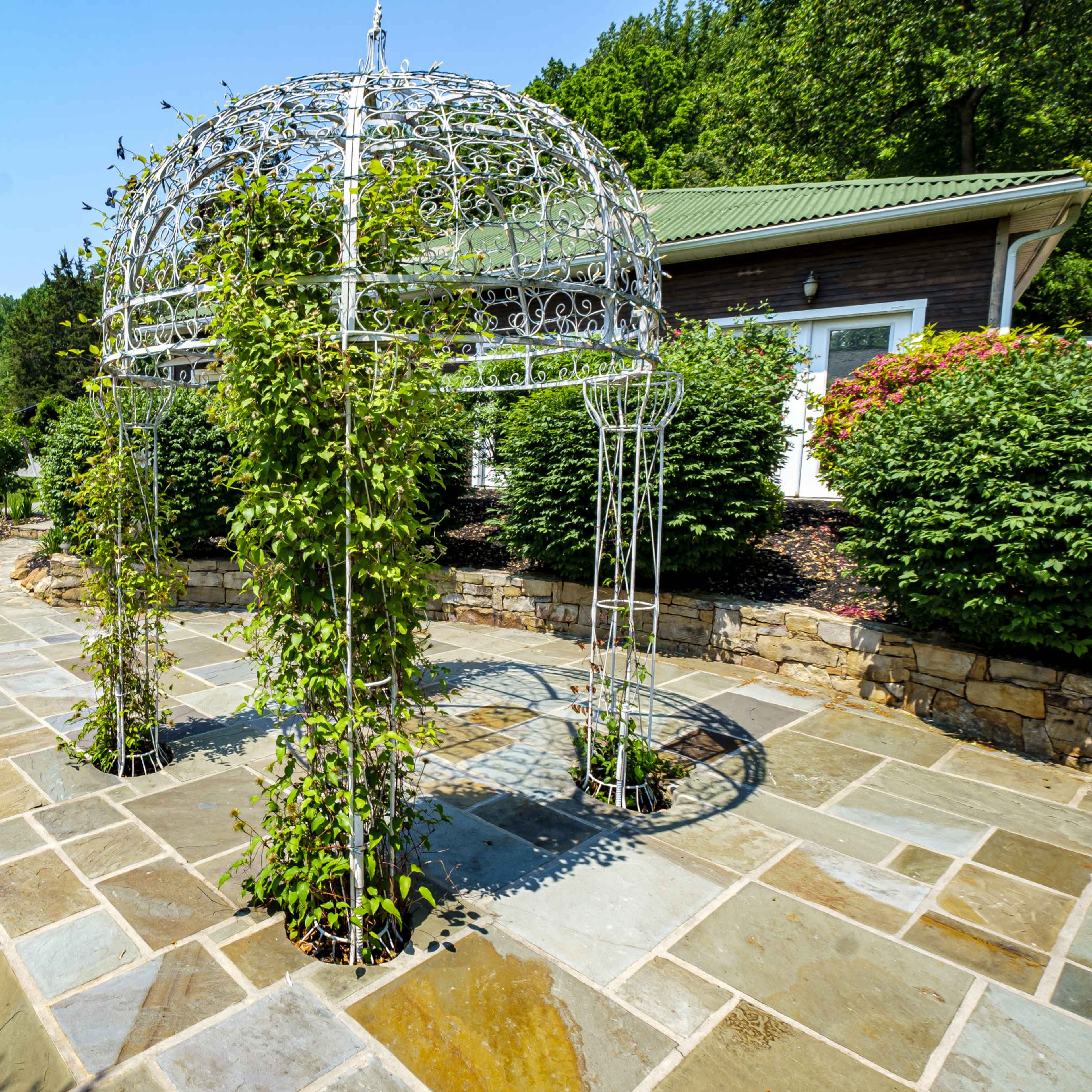 A gazebo covered with climbing vines stands on a stone patio surrounded by lush greenery and a house in the background.