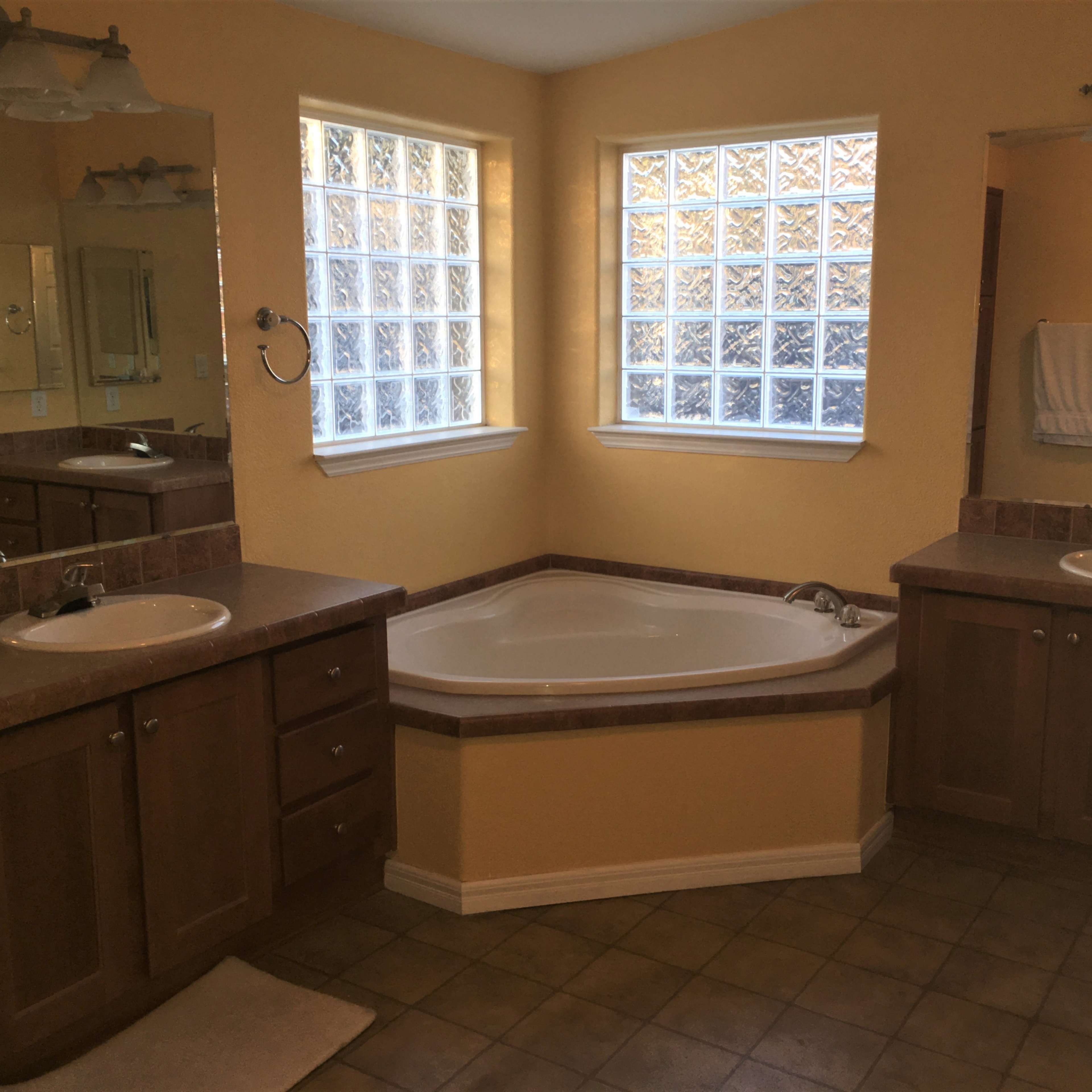 The bathroom features a corner jetted tub, dual sinks with wooden cabinetry, and large glass block windows allowing natural light.