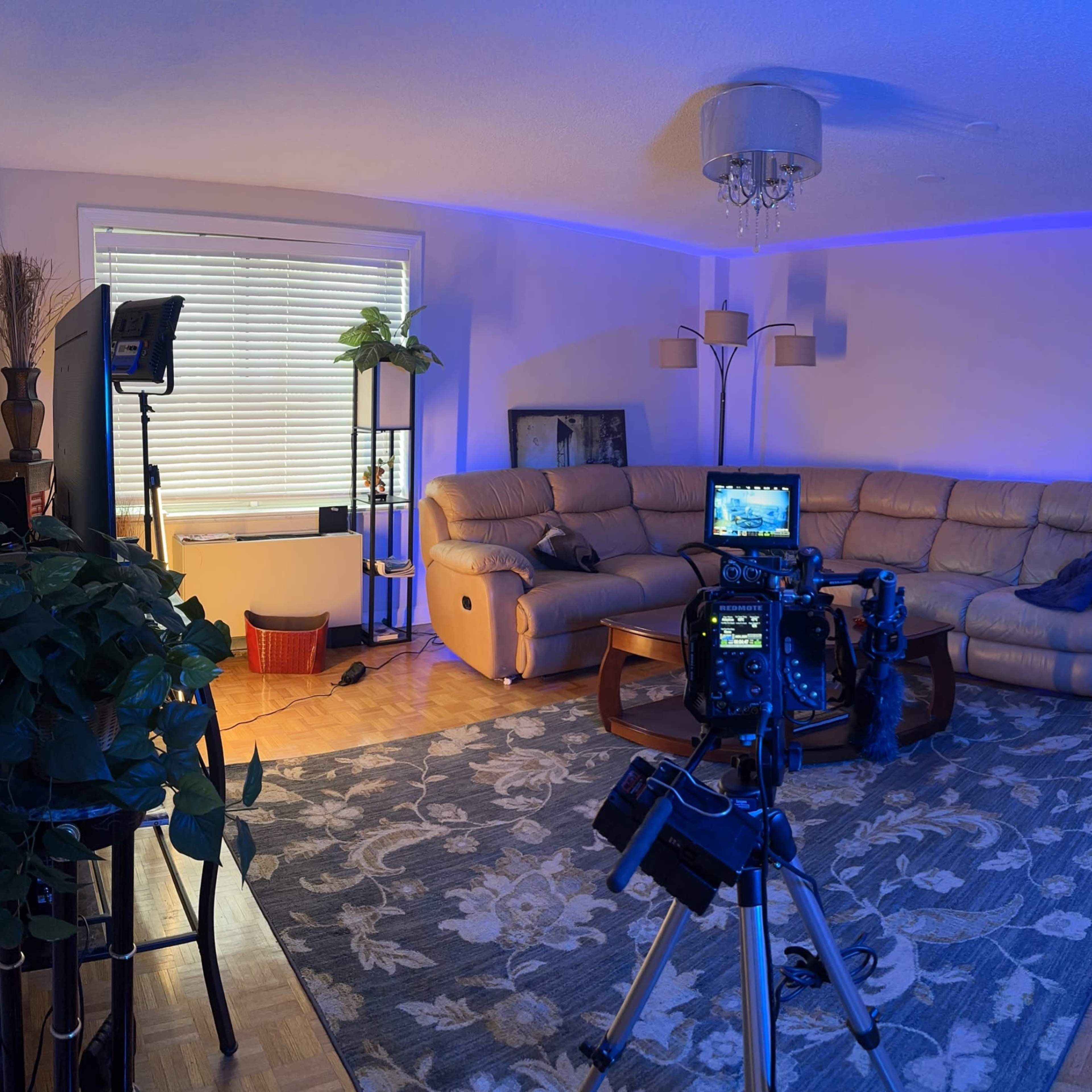 A spacious living room with a light-colored couch, a coffee table, two tripods with cameras, and various plants, all illuminated by blue lighting.