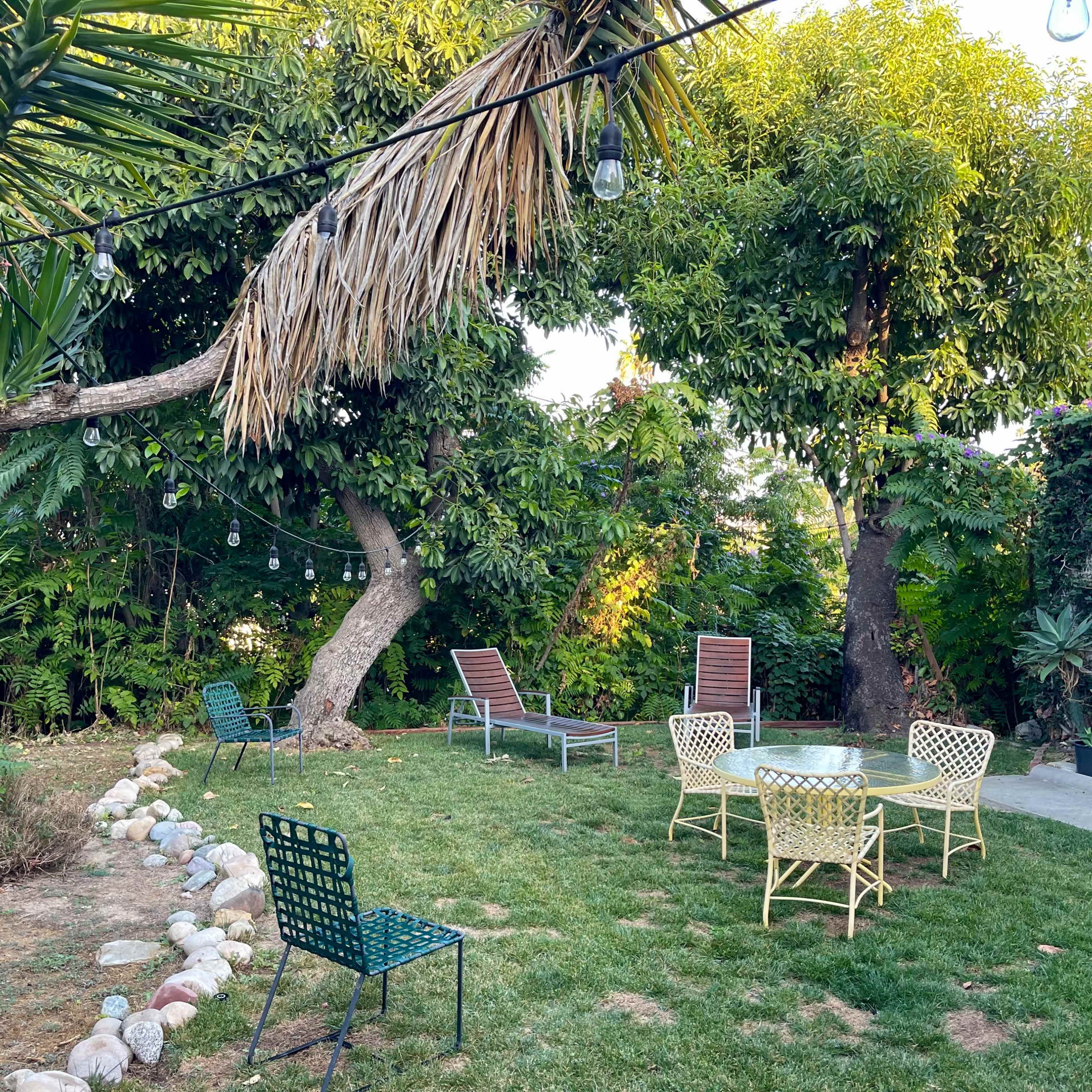 A backyard garden with green grass, lounge chairs, and a table surrounded by trees and decorative lights.