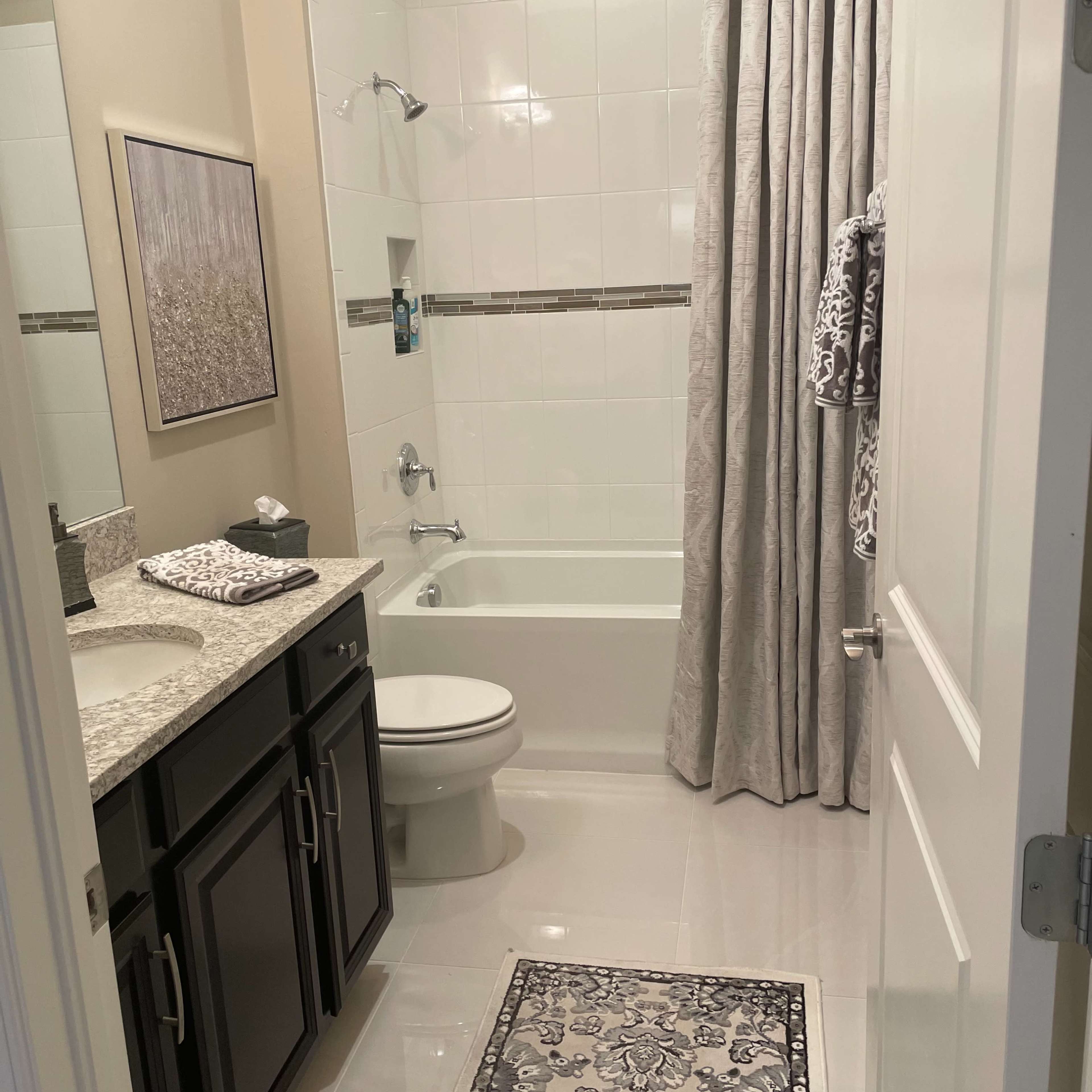 A bathroom featuring a bathtub with a shower, a sink with a granite countertop, and a decorative rug on the floor.