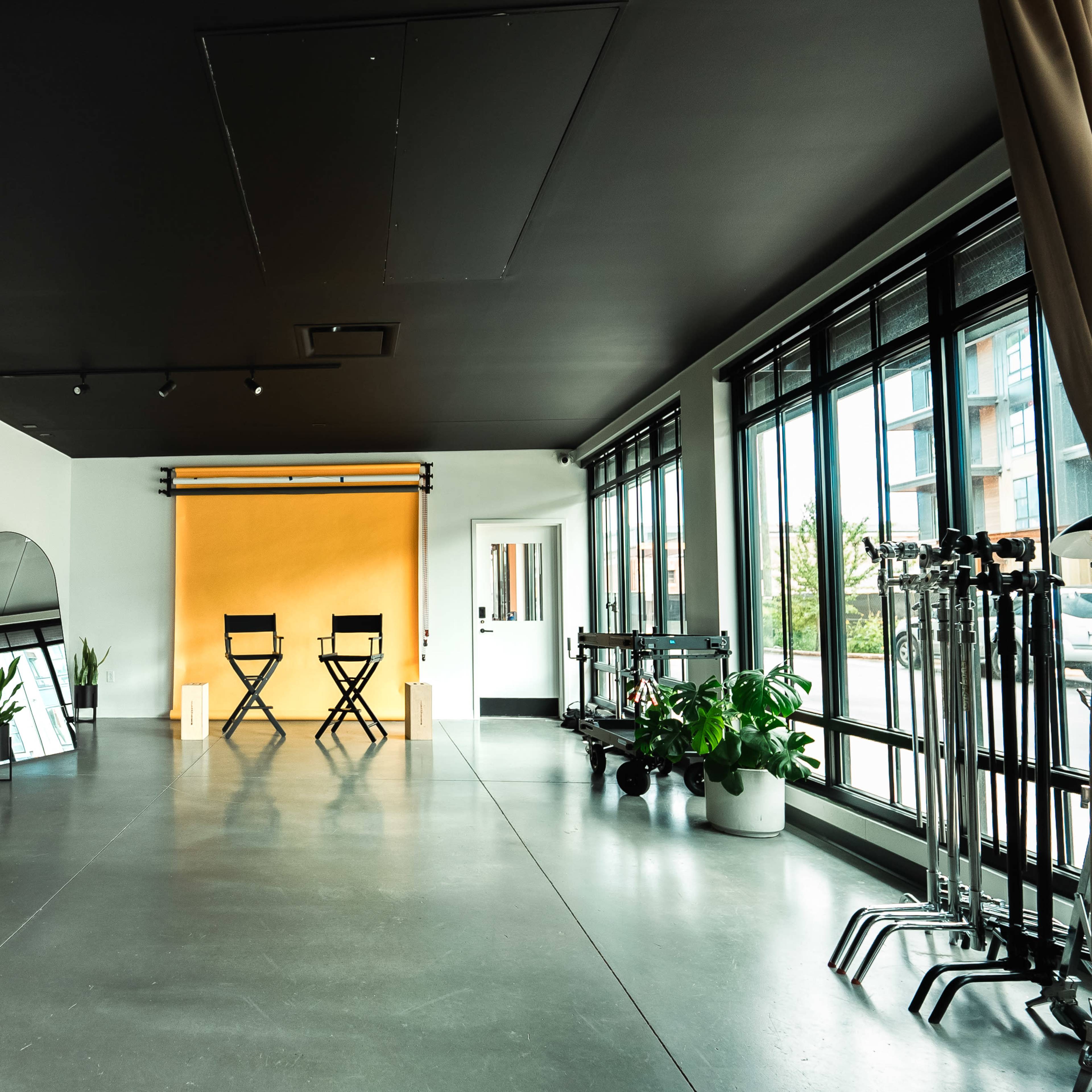 A spacious interior features a yellow backdrop, two chairs, a velvet sofa, large windows, and various potted plants.