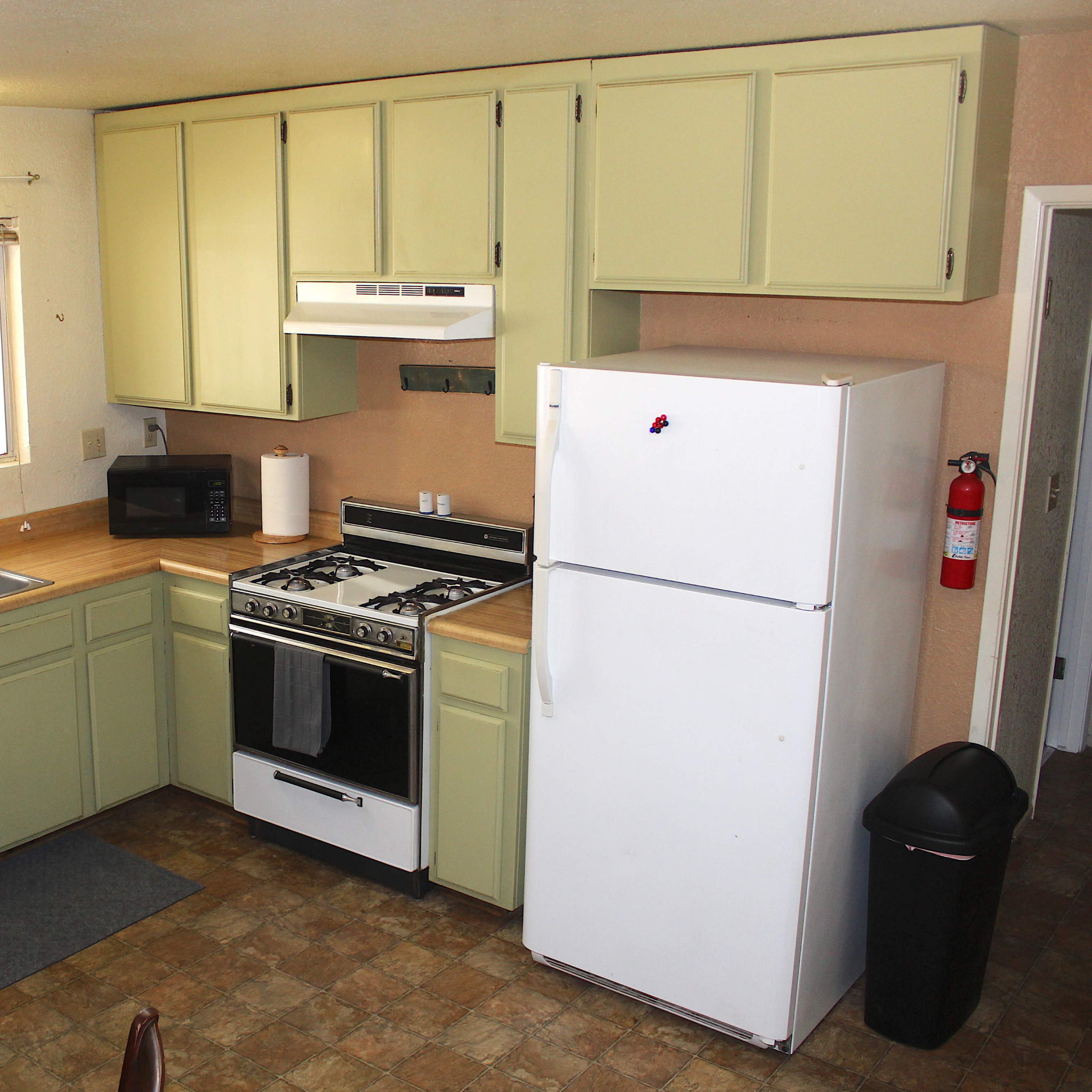 A compact kitchen with pale green cabinets, a white refrigerator, a gas stove, and a double sink beneath a window.