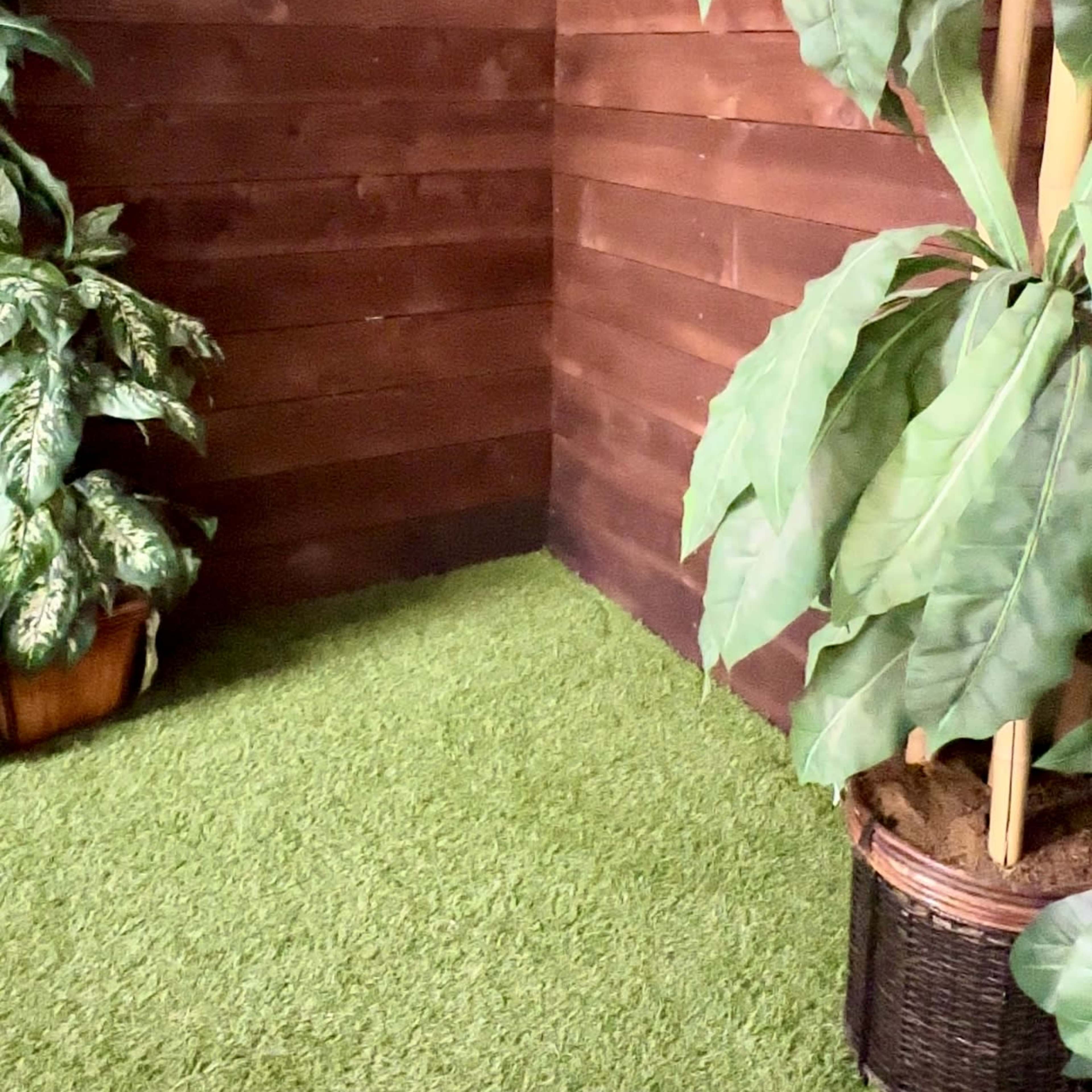 A corner of a room with dark wooden walls, artificial grass flooring, and two large potted plants.