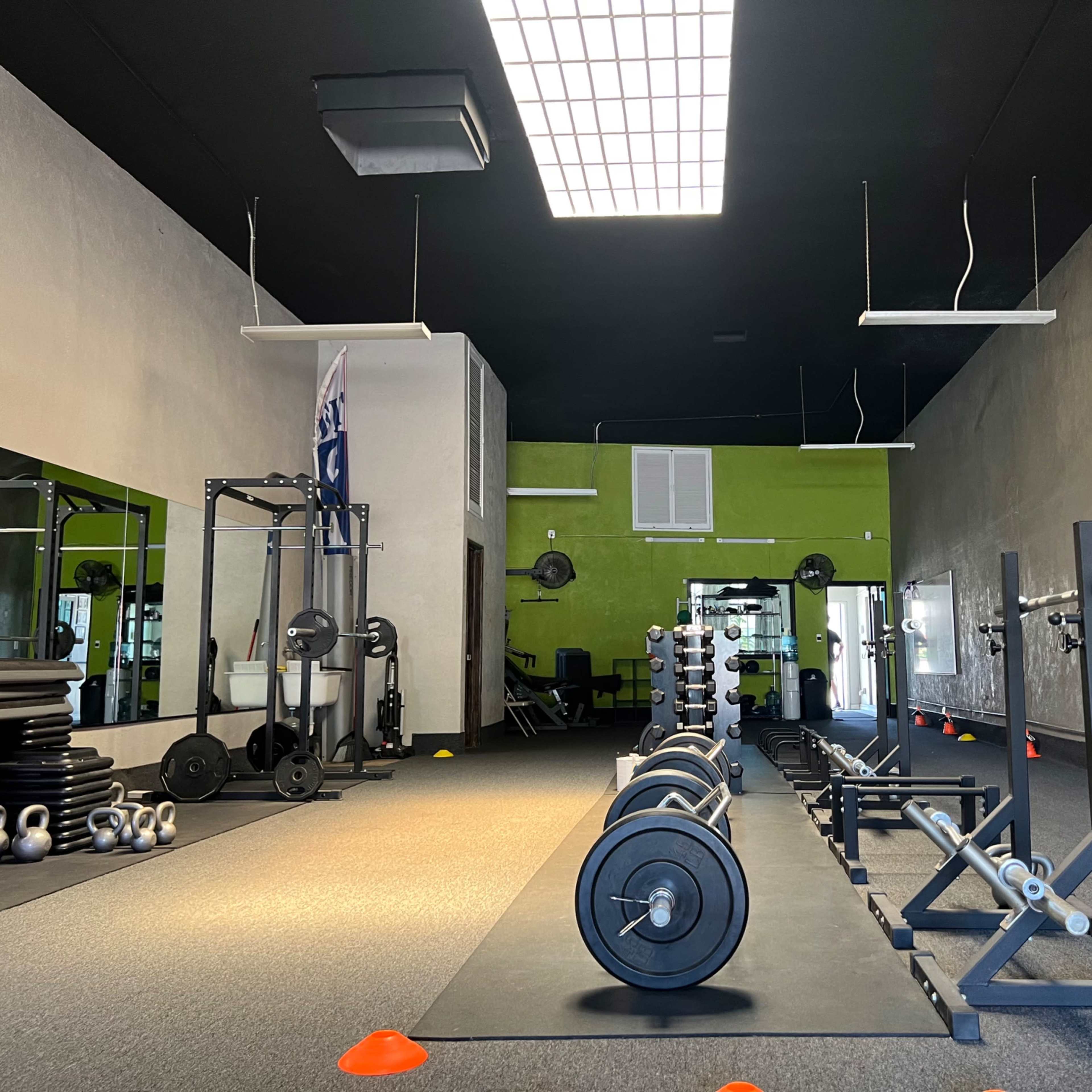 A spacious gym with exercise equipment neatly arranged, featuring dumbbells, benches, and mats on the floor.