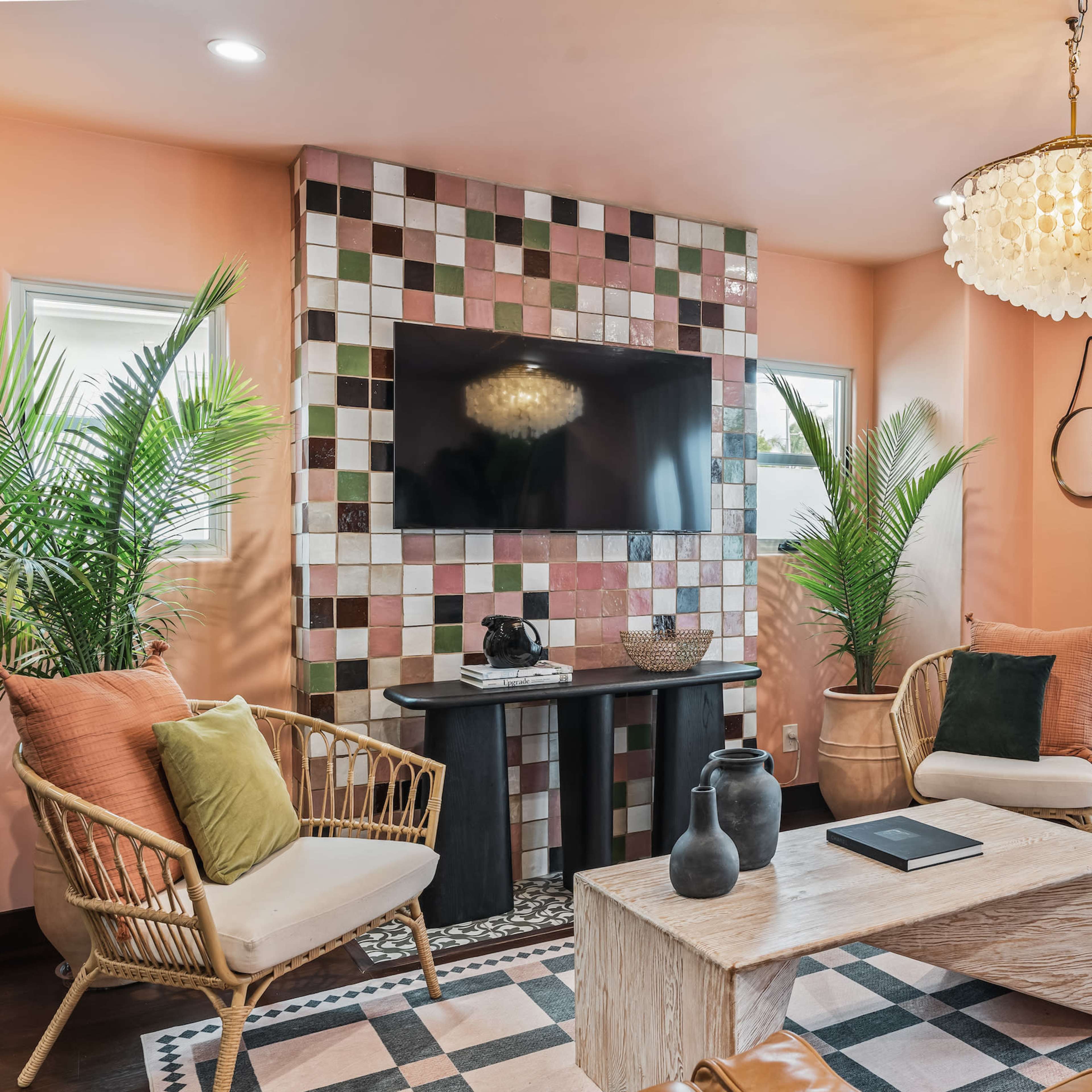 Spanish Style Home with tropical vibe, Outside Chandelier with Clawfoot Bathtub Image in Mountain View, San Diego, CA