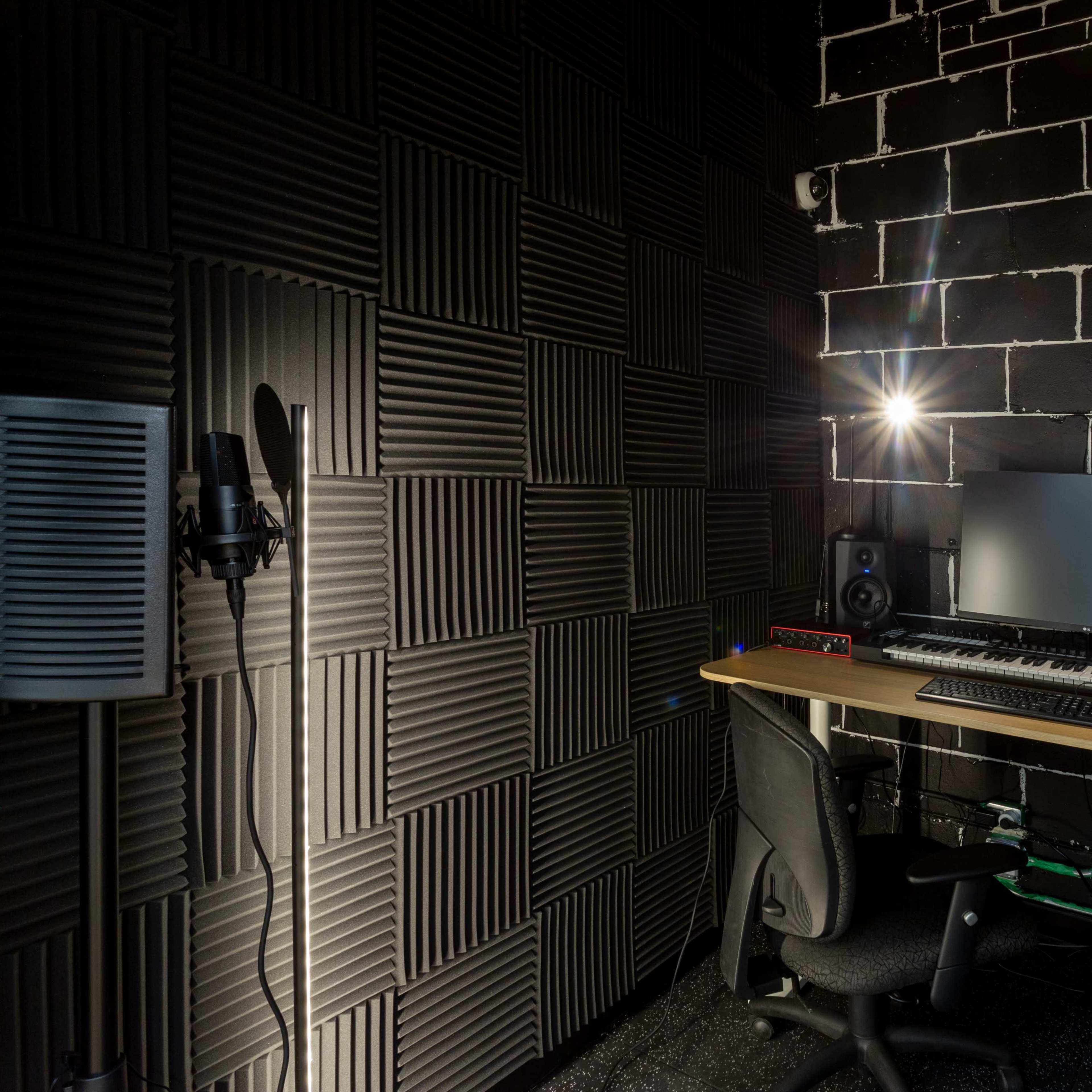 A soundproofed recording studio featuring a desk with a computer, keyboard, monitor, and speakers, along with a microphone and a plant in the corner.