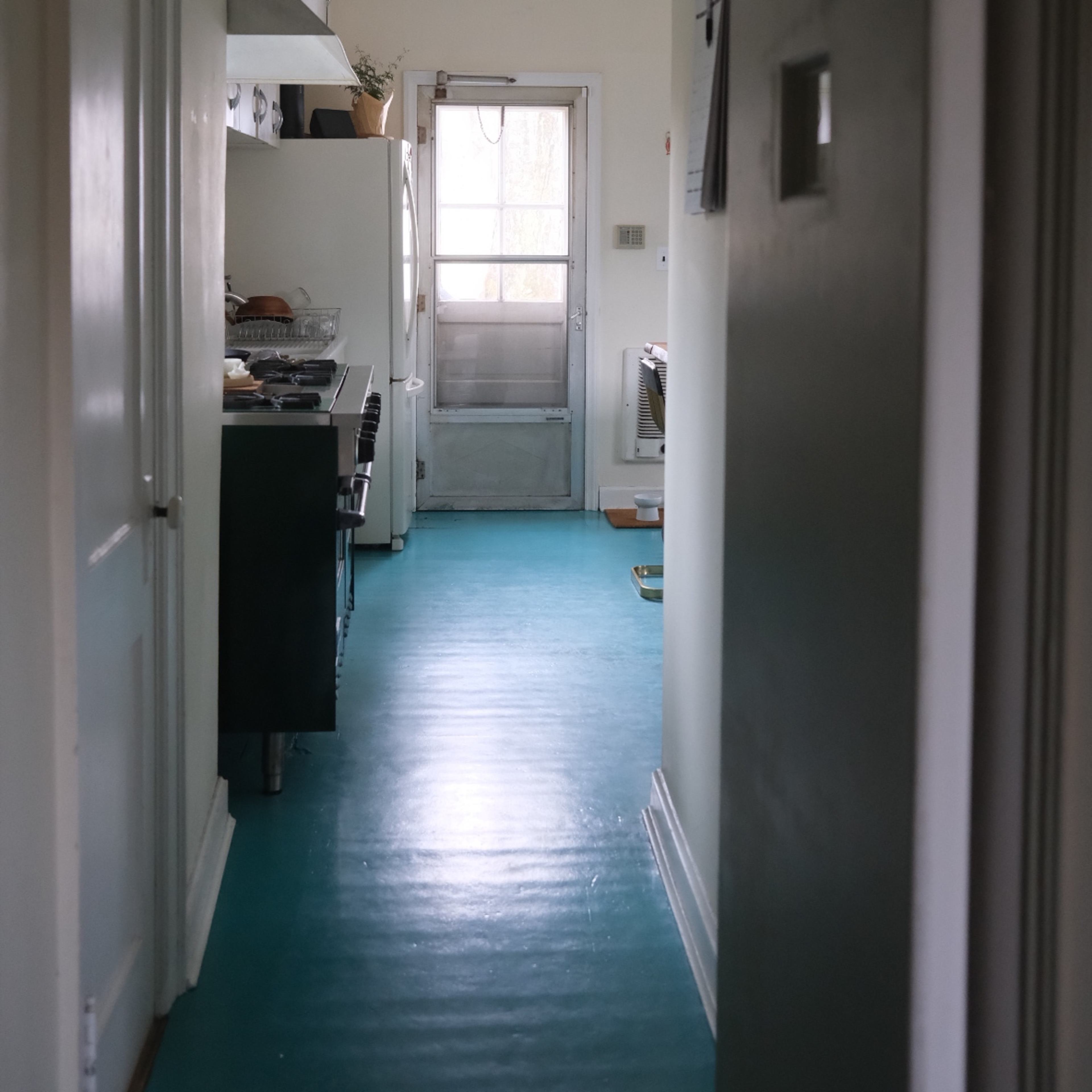 A narrow kitchen hallway leads to a back door, with white walls and teal flooring.