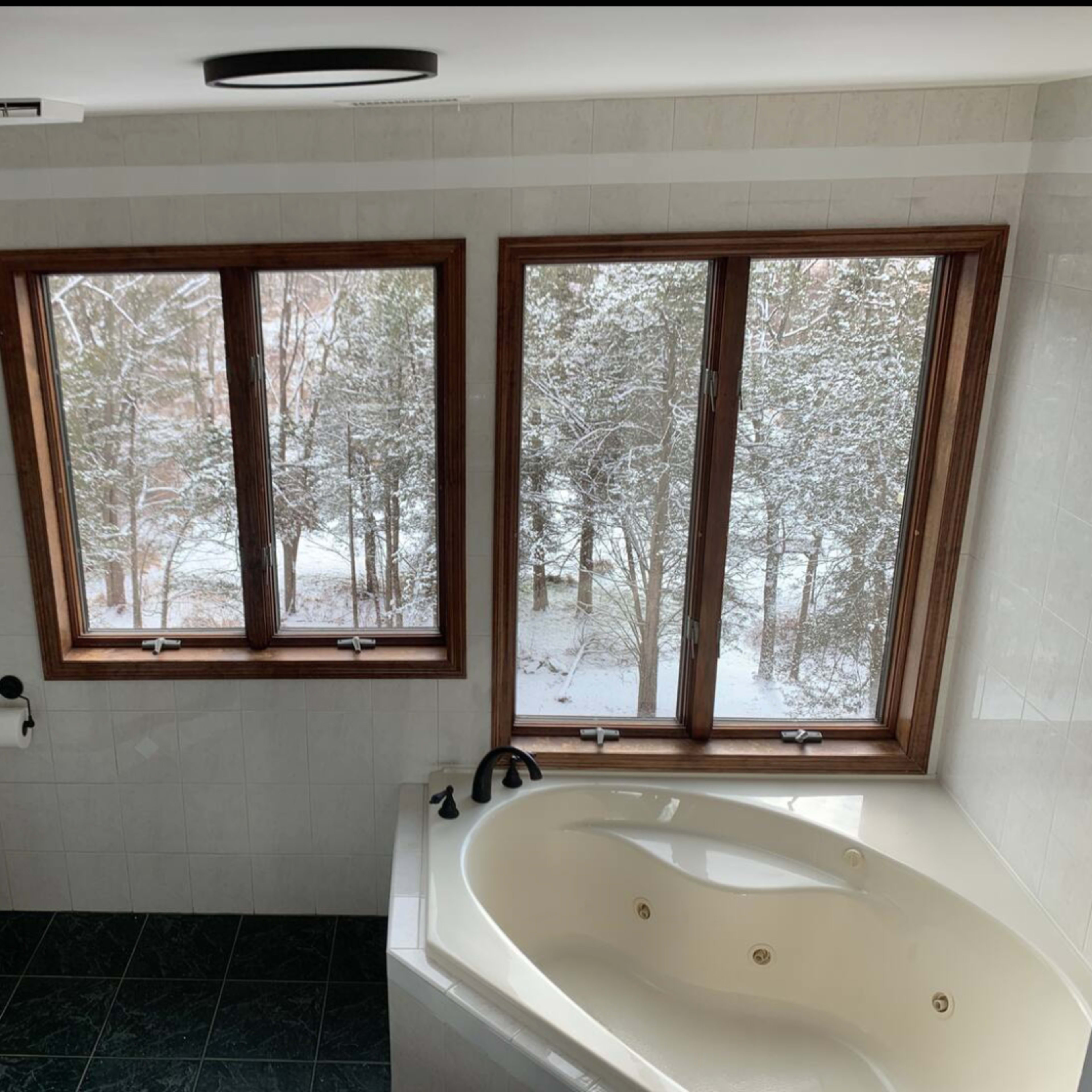 A bathroom featuring a corner bathtub, a glass shower, and two windows overlooking a snowy landscape.
