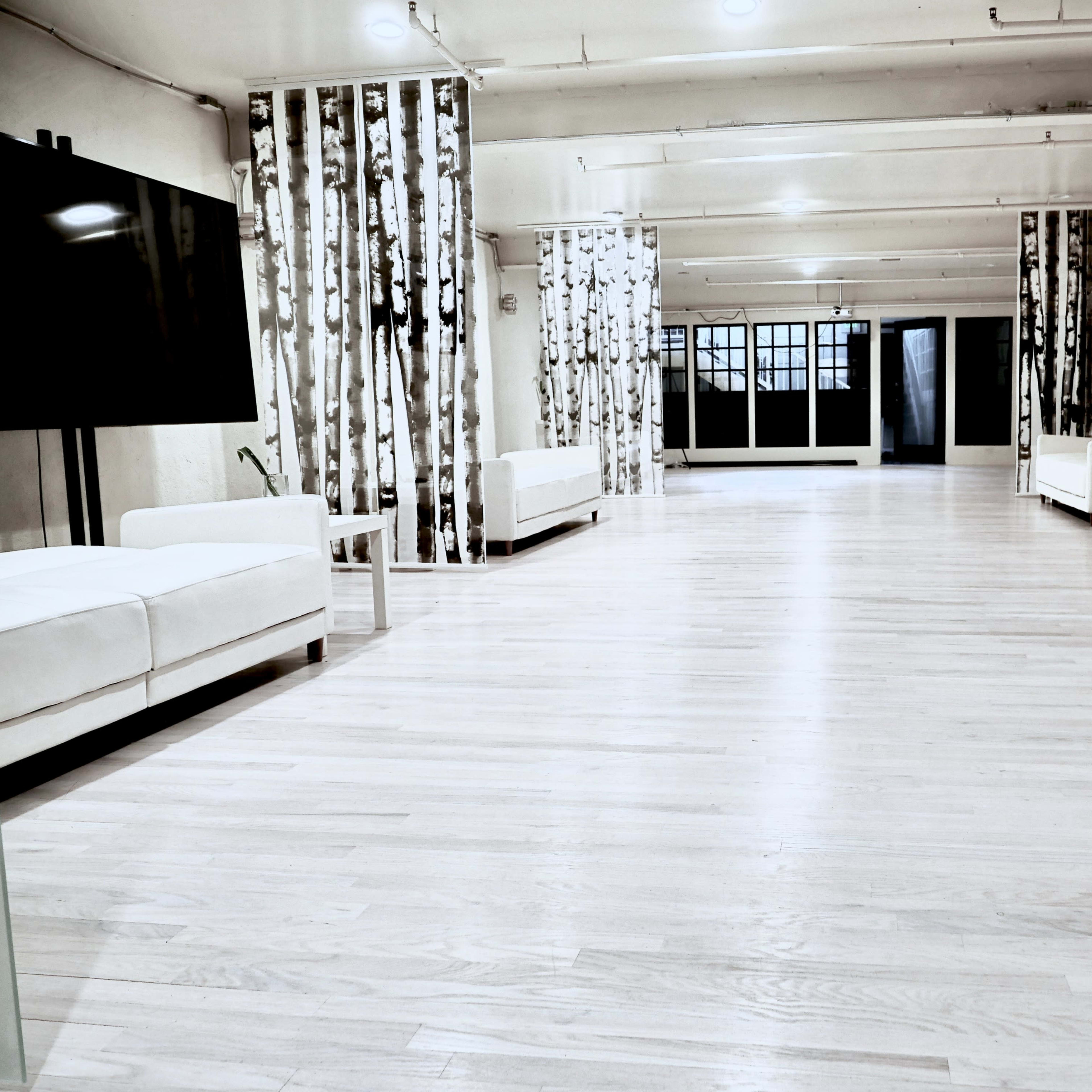 An empty, minimalist interior space with light wooden flooring, white sofas, and walls featuring a tree-pattern wallpaper.