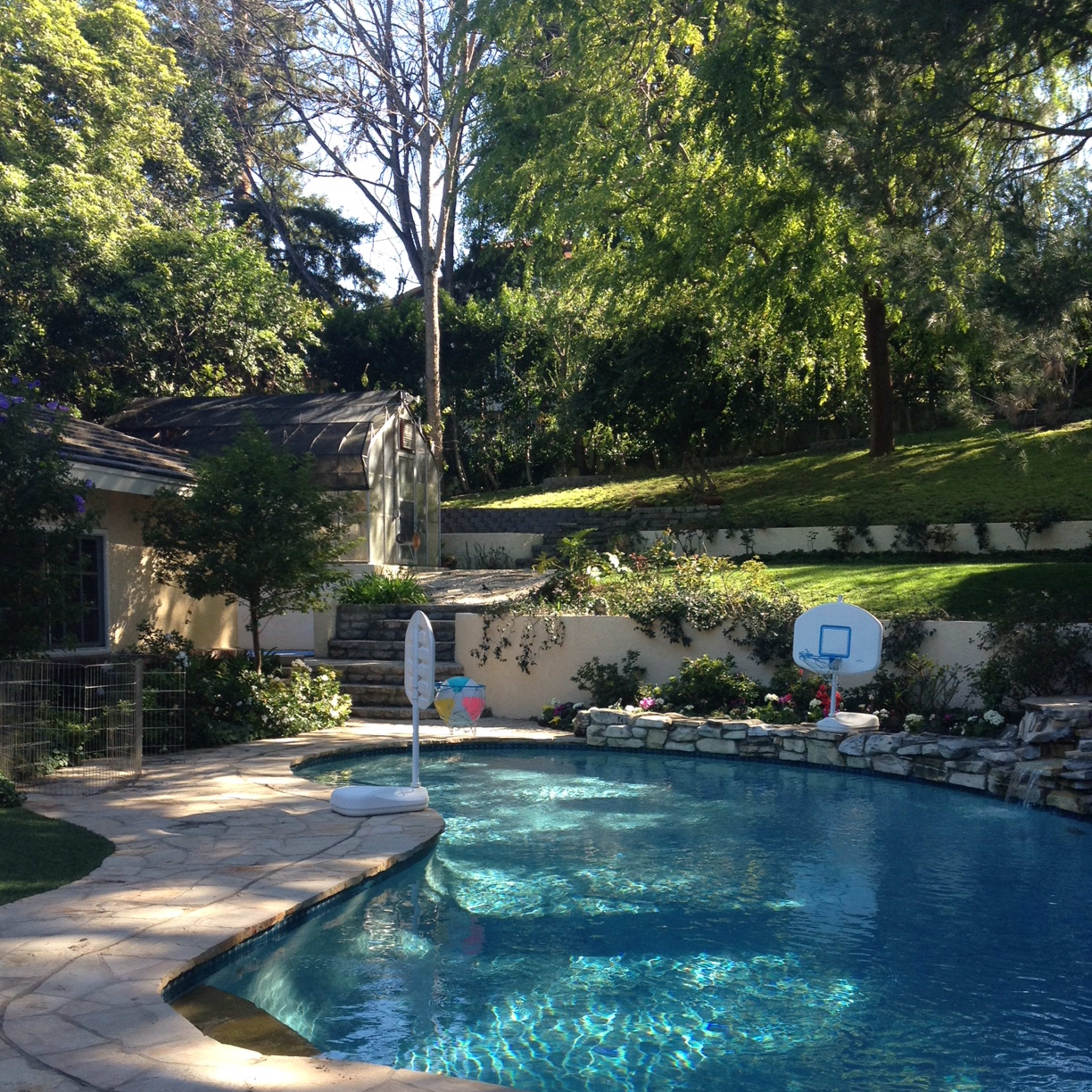 A swimming pool with a stone patio, set in a landscaped yard featuring trees and a basketball hoop.