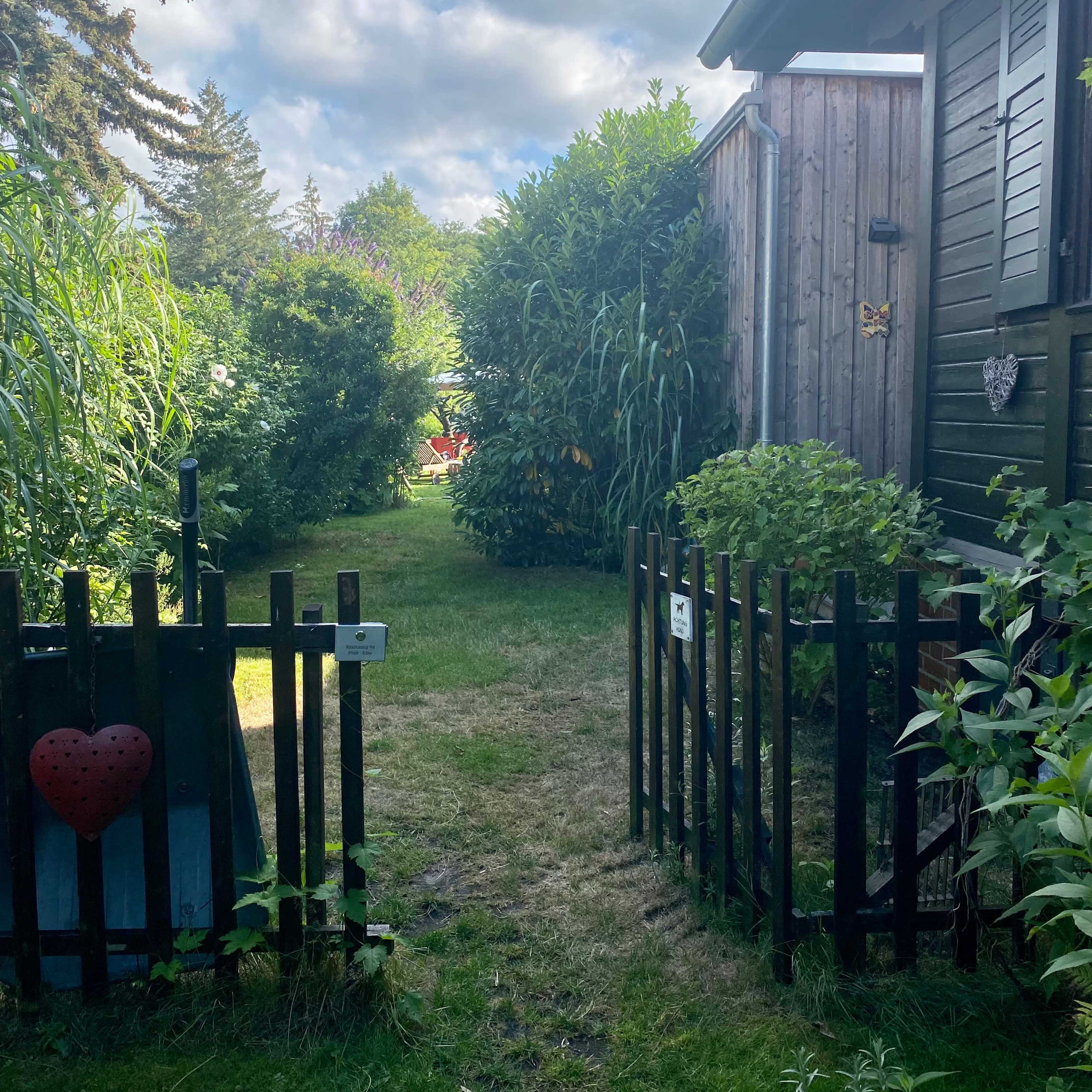 A pathway bordered by wooden fences leads through tall greenery toward a house and trees.
