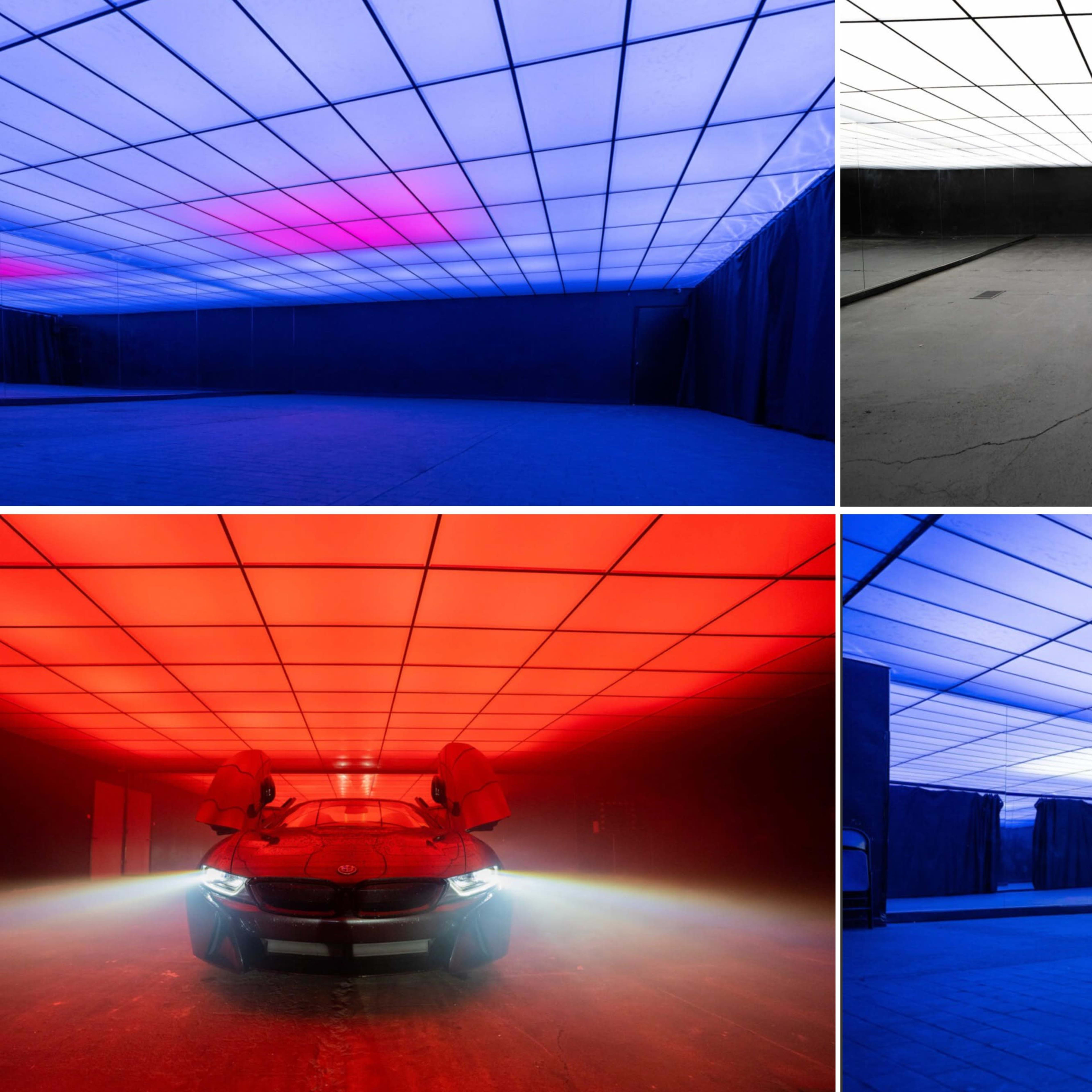 Four sections showing a large, dimly lit space with a car illuminated under various colored lights and a grid-patterned ceiling.