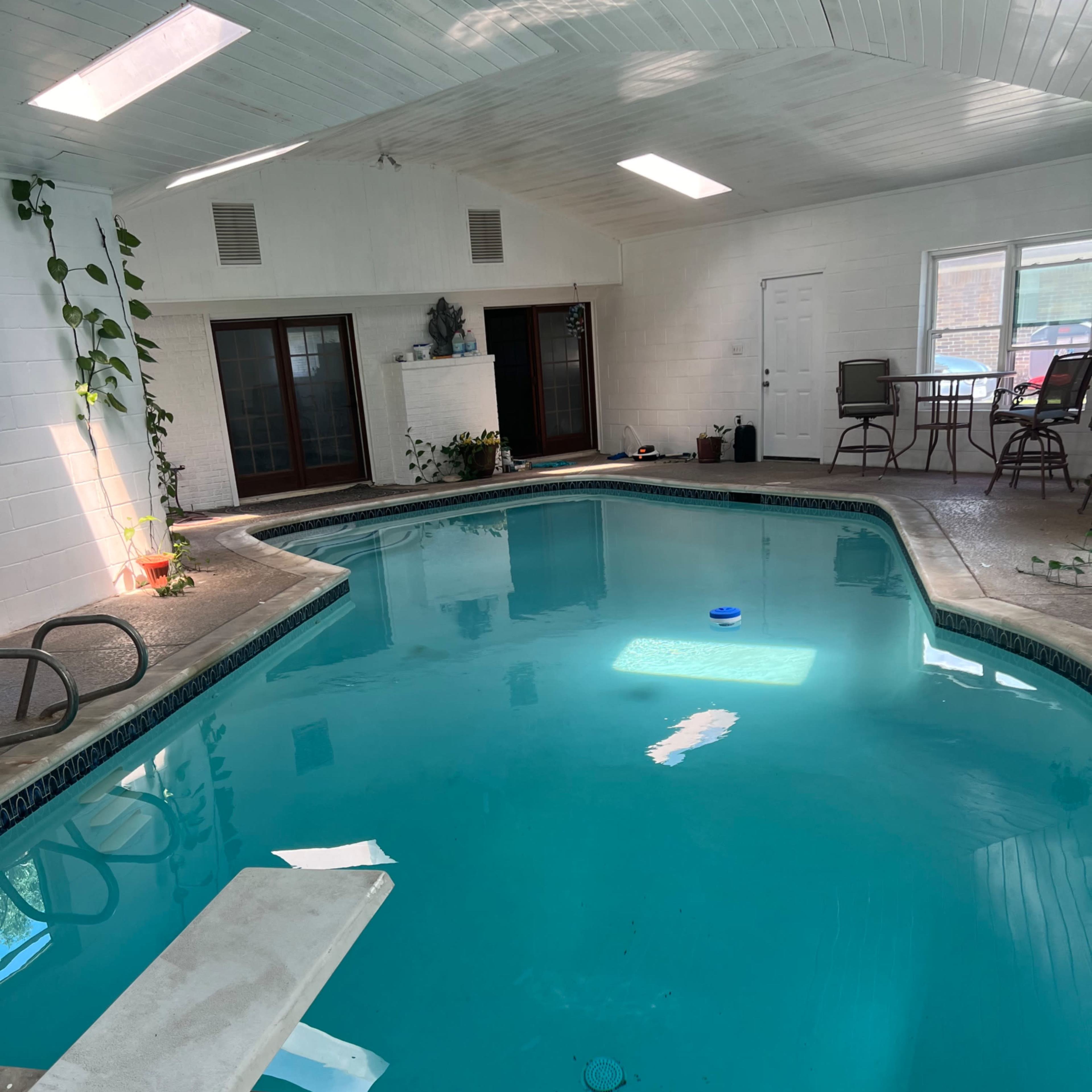 An indoor swimming pool surrounded by sliding glass doors, potted plants, and lounge furniture.