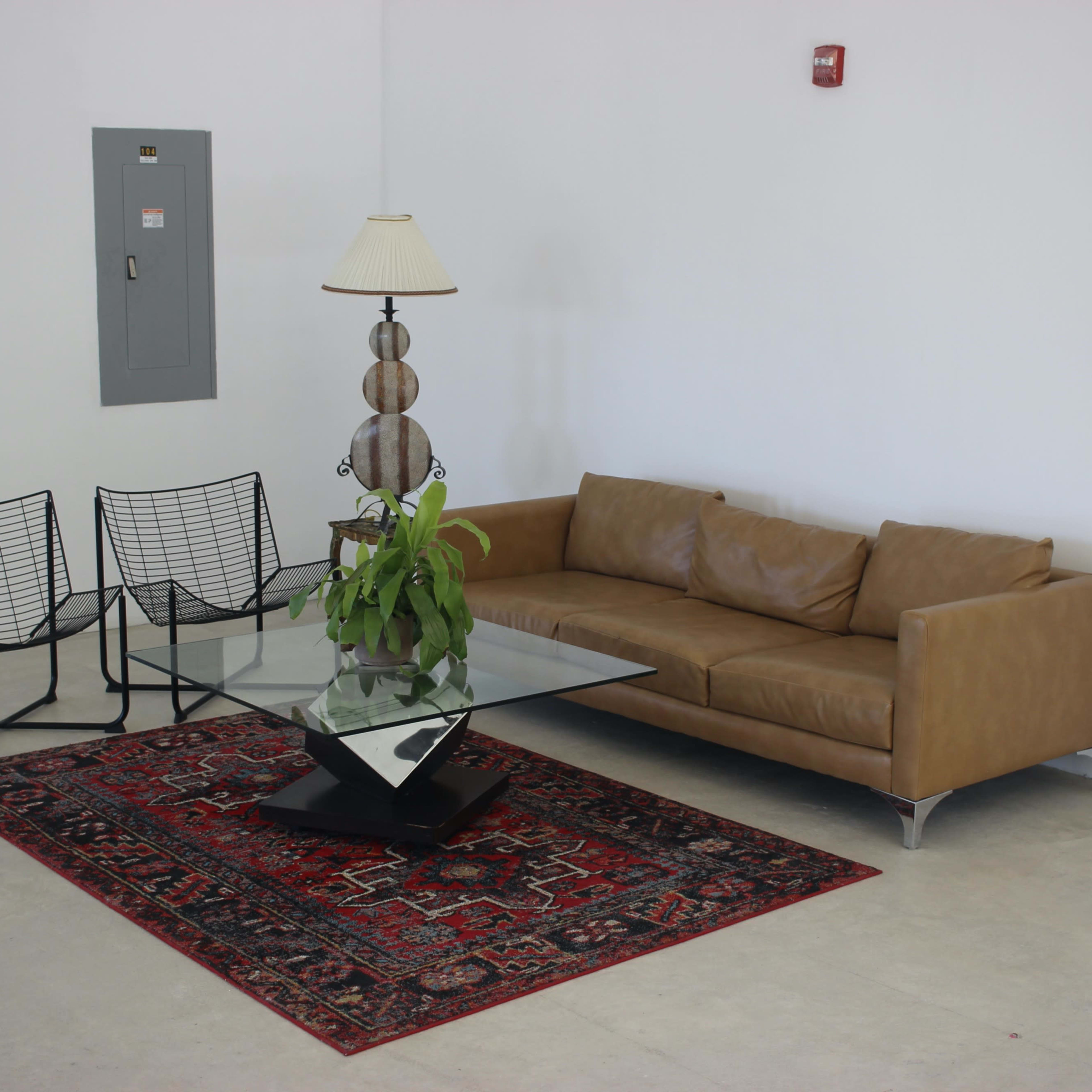 A minimalist living space with a brown leather sofa, two wire chairs, a glass coffee table, and a decorative plant on a patterned rug.