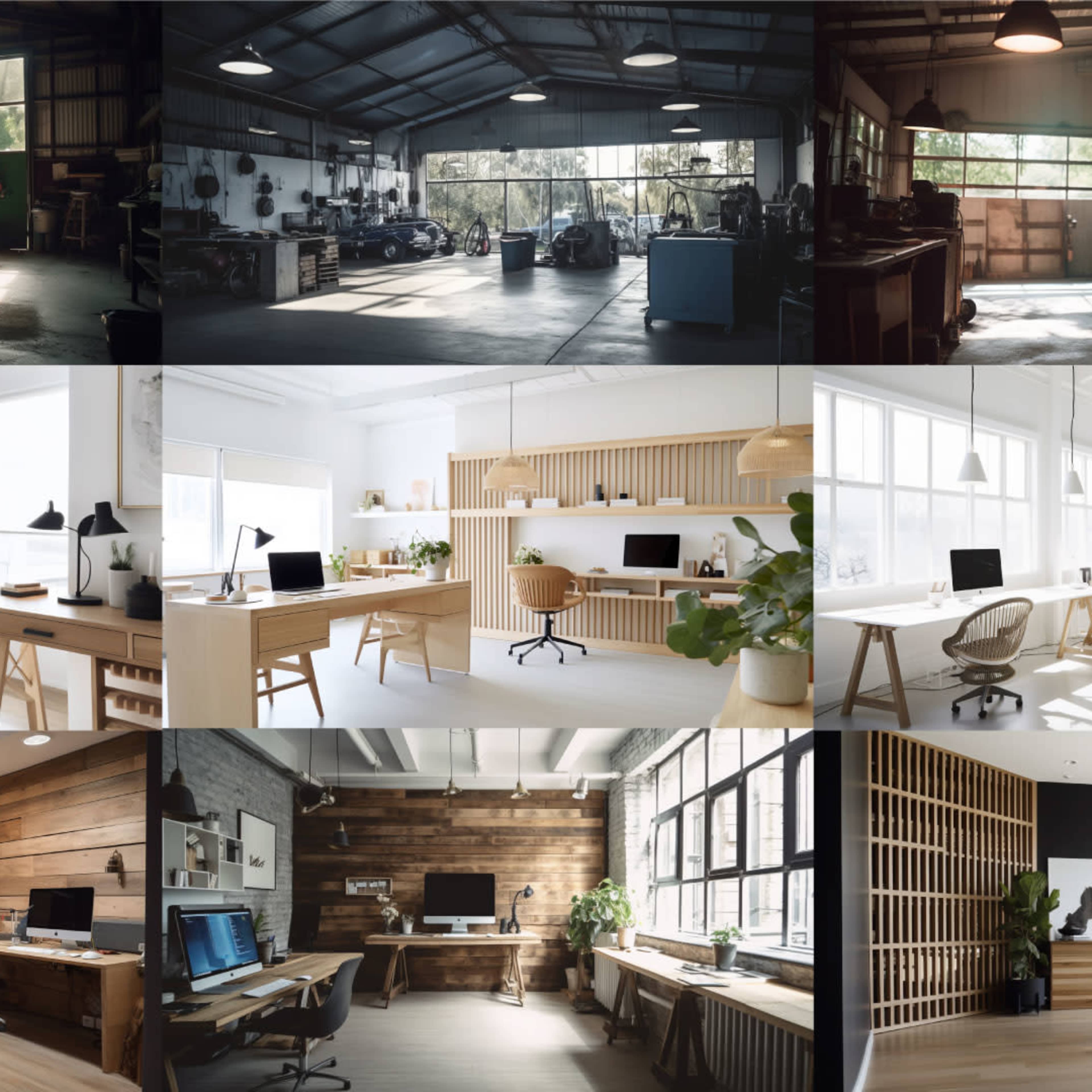 A grid of nine office spaces, each displaying various designs and arrangements of desks, chairs, and lighting in different settings.